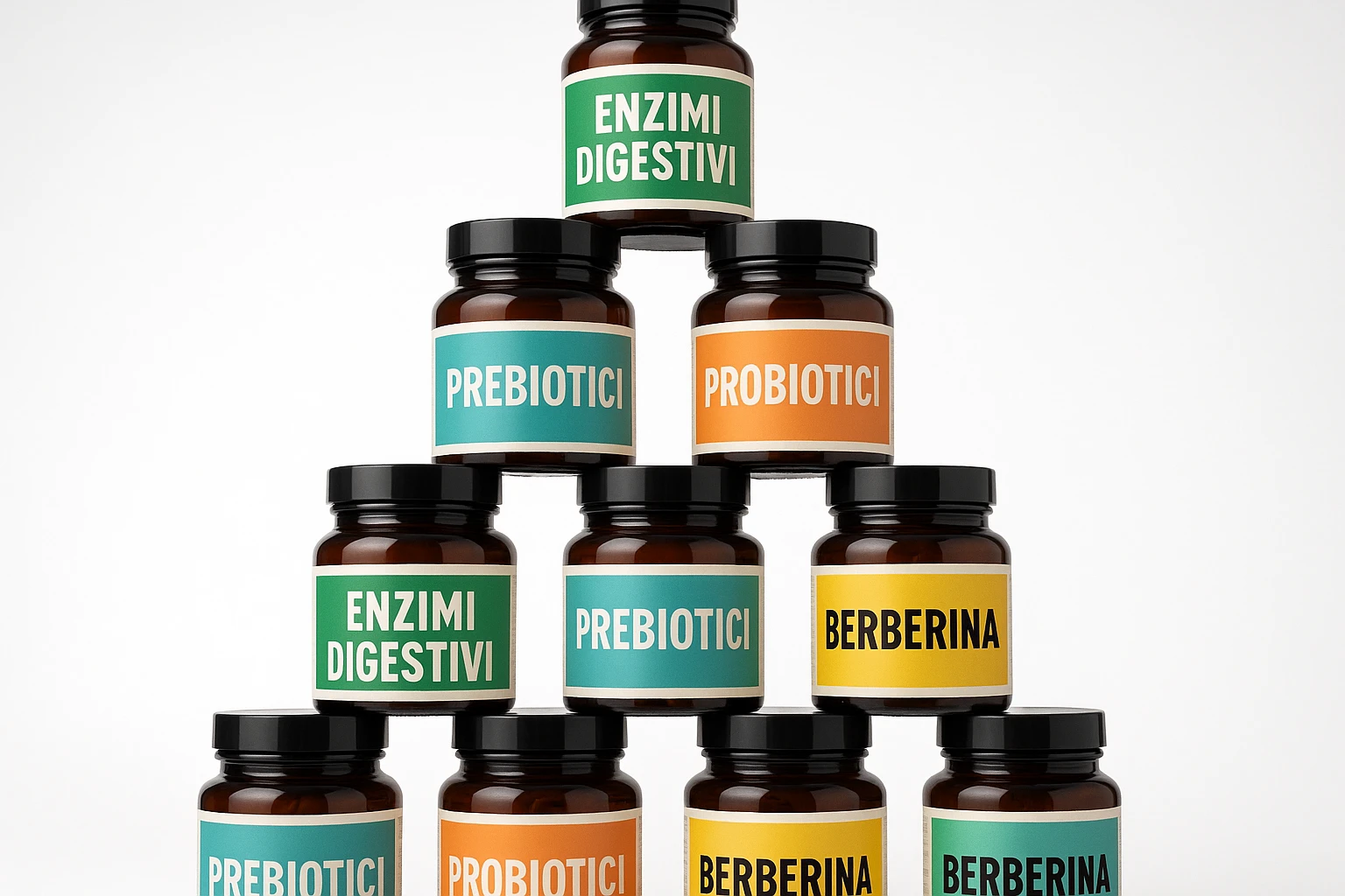 montagna di barattoli di integratori tipo "ENZIMI DIGESTIVI", "PREBIOTICI", "PROBIOTICI", "BERBERINA" con etichette in italiano emoji