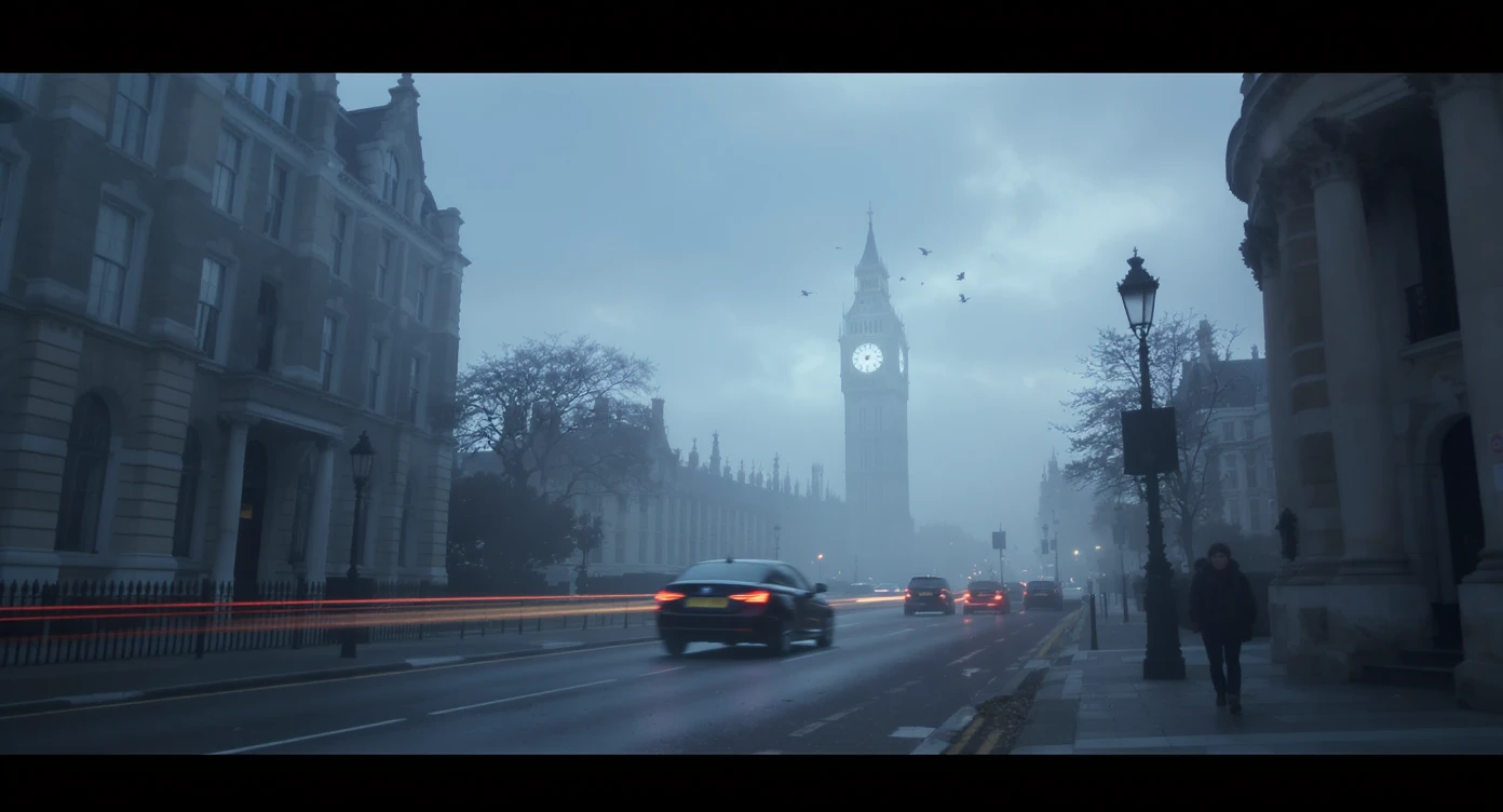 Cinematic shot of a london street, cloudy foggy day, soft light, car flying, leading lines to big ben in distance, multi composition, in foreground blurred car, on second street around UK bulding, od another plan in distance big ben, birds flying, artistic look, captured on arri alexa 35, blue hour emoji