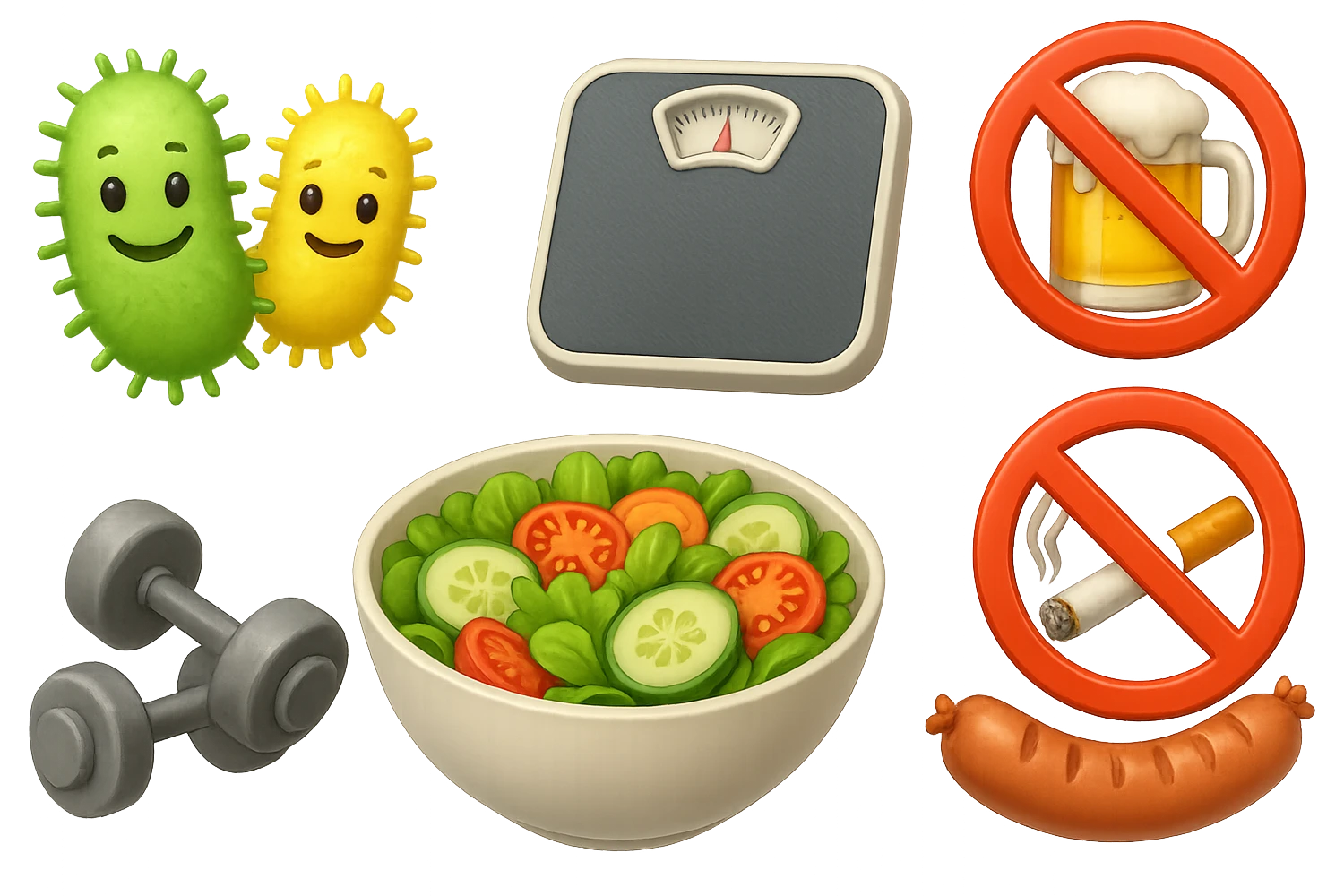 emoji stile iphone di: due batteri intestinali felici, una bowl di insalata, una bilancia pesapersone, manubri da palestra, e un boccale di birra con divieto 3d sopra, una sigaretta con divieto 3d sopra e un wurstel con divieto 3d sopra, fluttuano in aria, iperrealistico 4k emoji