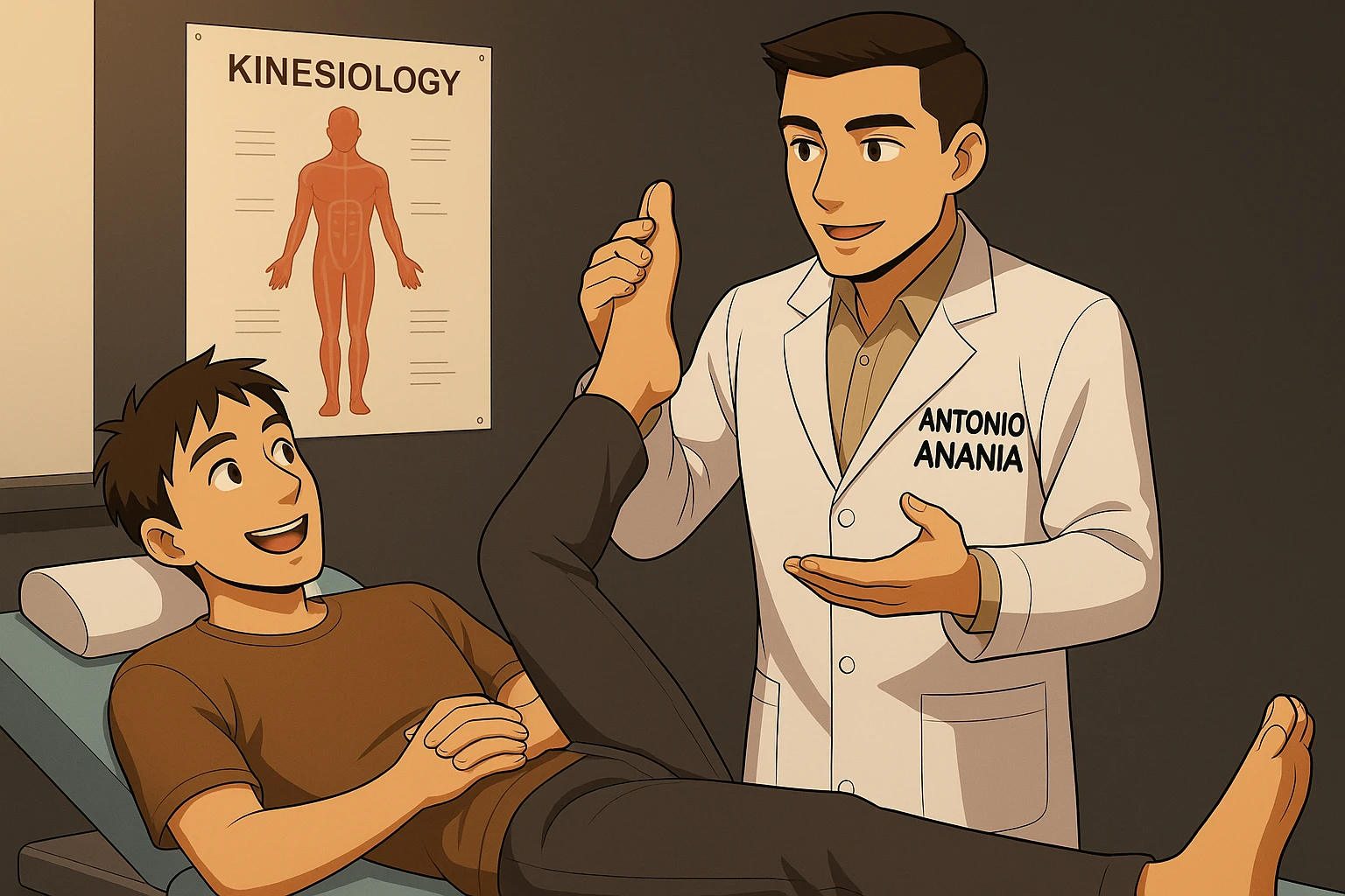 su questo lettino rappresenta un webtoon manga a colori con questo stile, in cui un uomo è steso sul lettino medico e il kinesiologo con il camice bianco (fagli anche la scritta "ANTONIO ANANIA" SUL CAMICE, gli solleva una gamba per fargli il test neuromuscolare, IL KINESIOLOGO SPIEGA ALL'UOMO UNA cosa mentre gli alza la gamba. l'espressione dell'uomo è felice e soddisfatta, non fare i fumetti però, fai solo in modo che sembri stiano parlando emoji