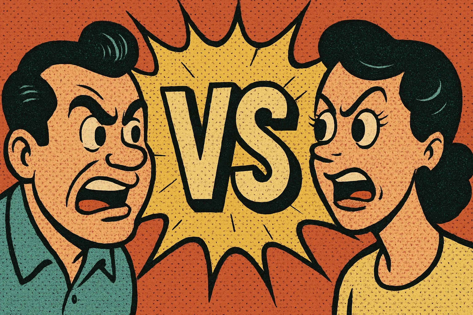 two cartoon faces on either side of a large 'VS' text, comic book burst background, versus comparison emoji