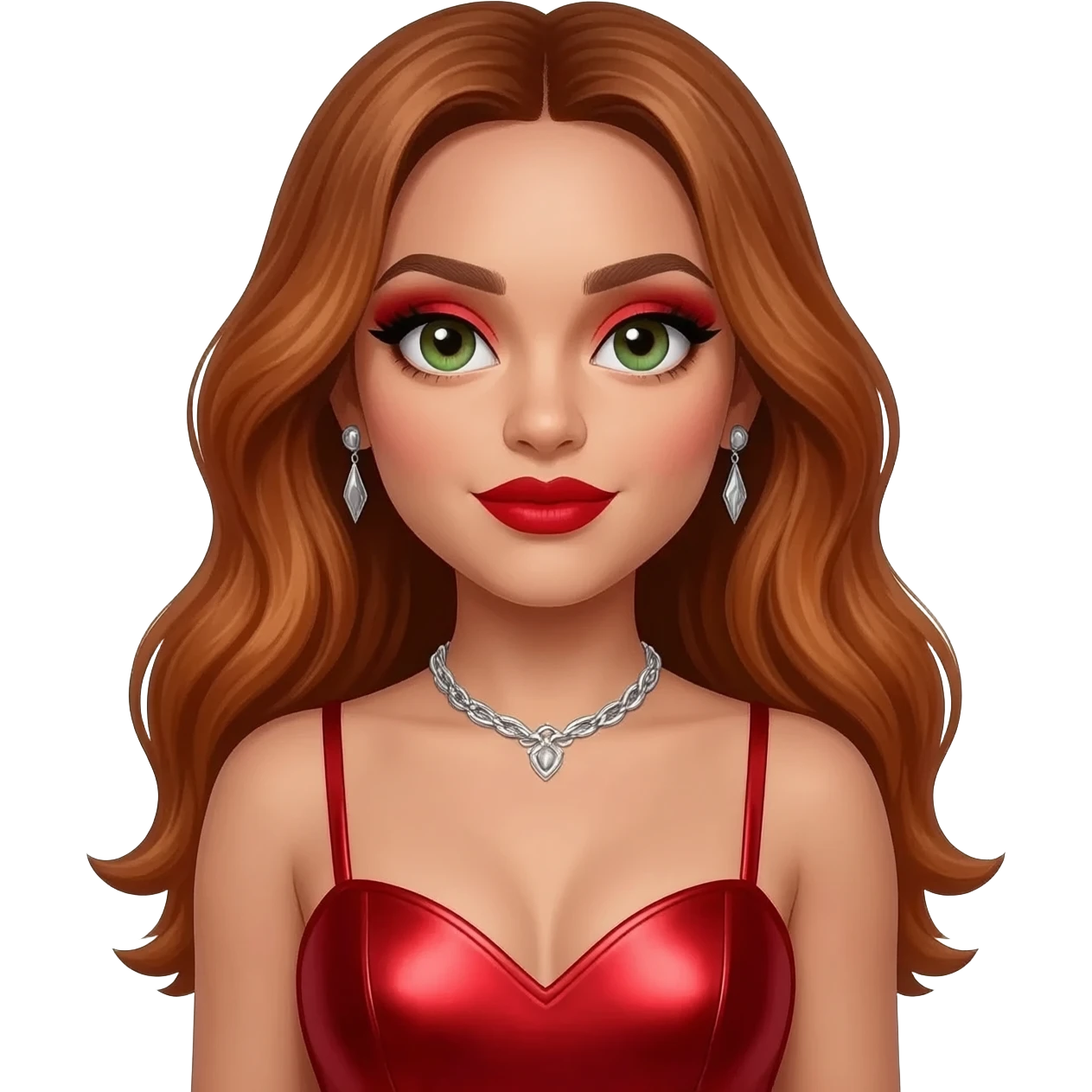 from Little Mix with hazel-green eyes, long copper hair, red eyeshadow and lipstick, red metallic sweetheart dress, silver necklace with earrings emoji