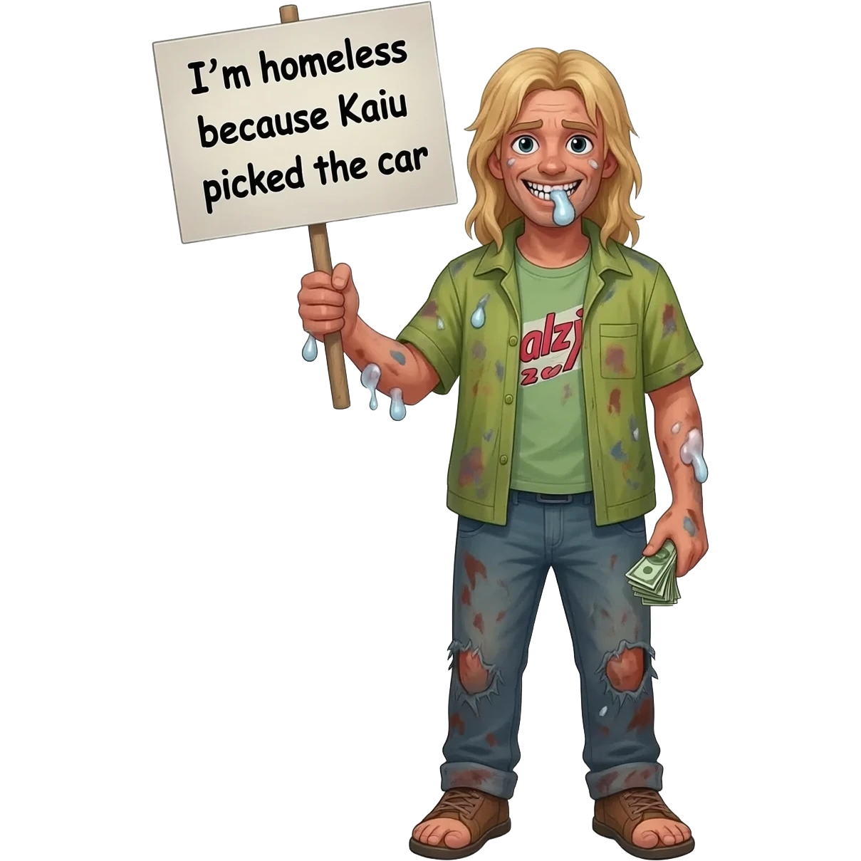a weird buck tooth ah emoji with nasty feet with long blond hair and arms with boogers on them and he looks homelessand he is holding a sign that say I'm homeless because kaiu picked the car and he has zesty close and has raidys and he has a small stack of money emoji