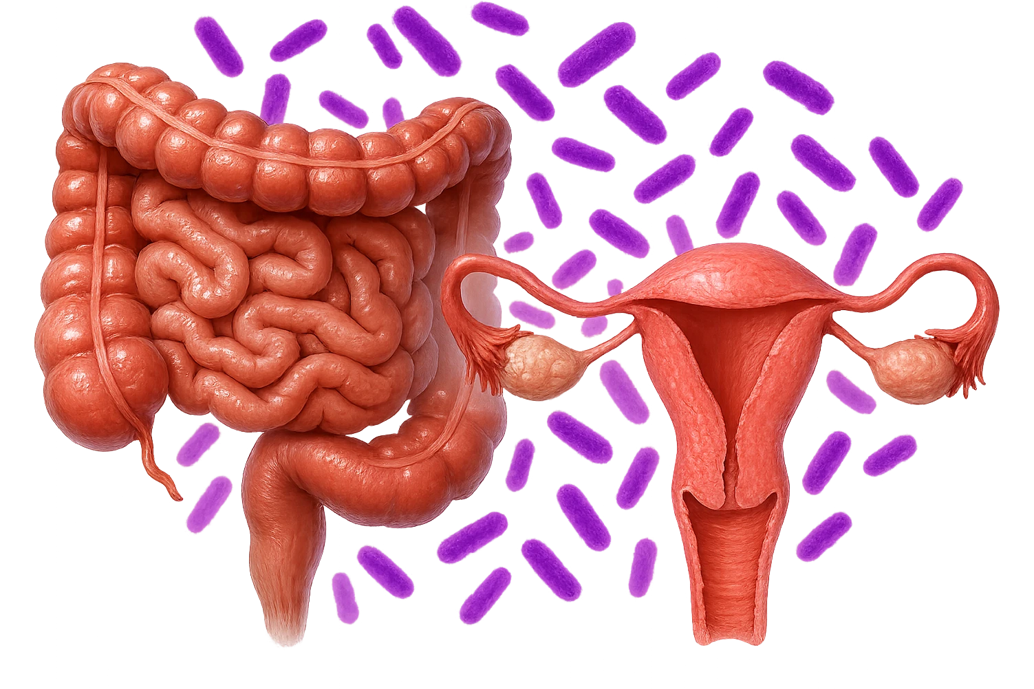 intestino umano anatomico realistico accanto ad un utero umano anatomico realistico, dietro i due organi fluttuano batteri intestinali con questo colore: #971ef1, iperrealistico 4k
isolata su sfondo bianco emoji