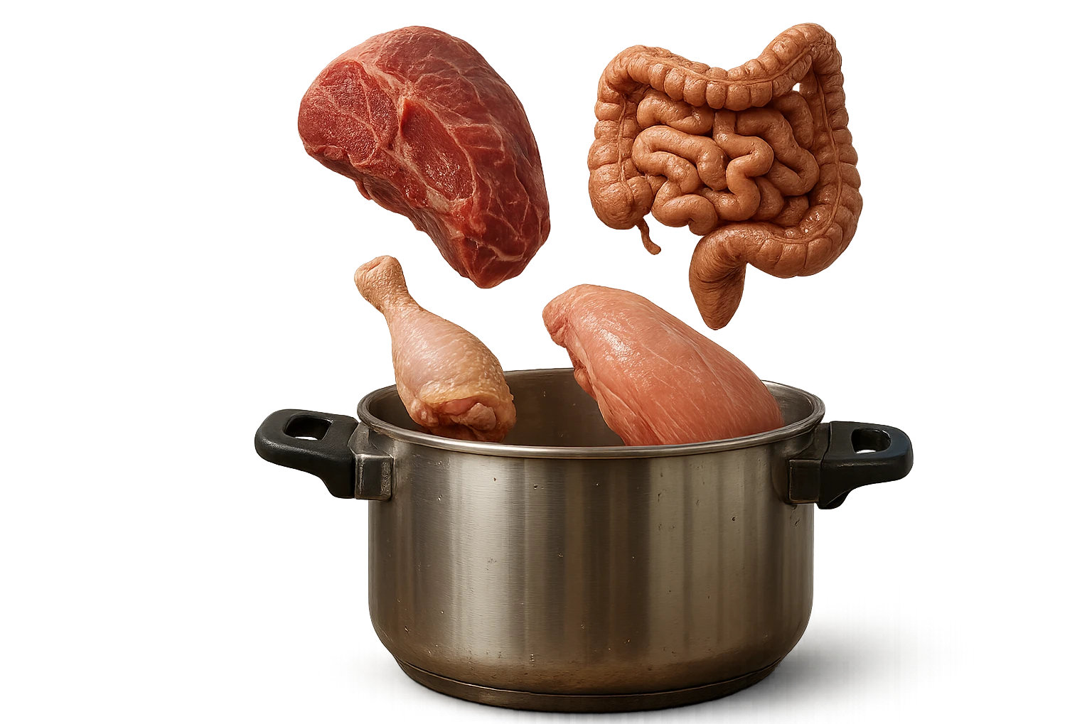 una pentola a pressione dentro cui cadono agnello, pollo e tacchino crudi da cuocere e un intestino umano anatomico realistico, iperrealistico 4k emoji