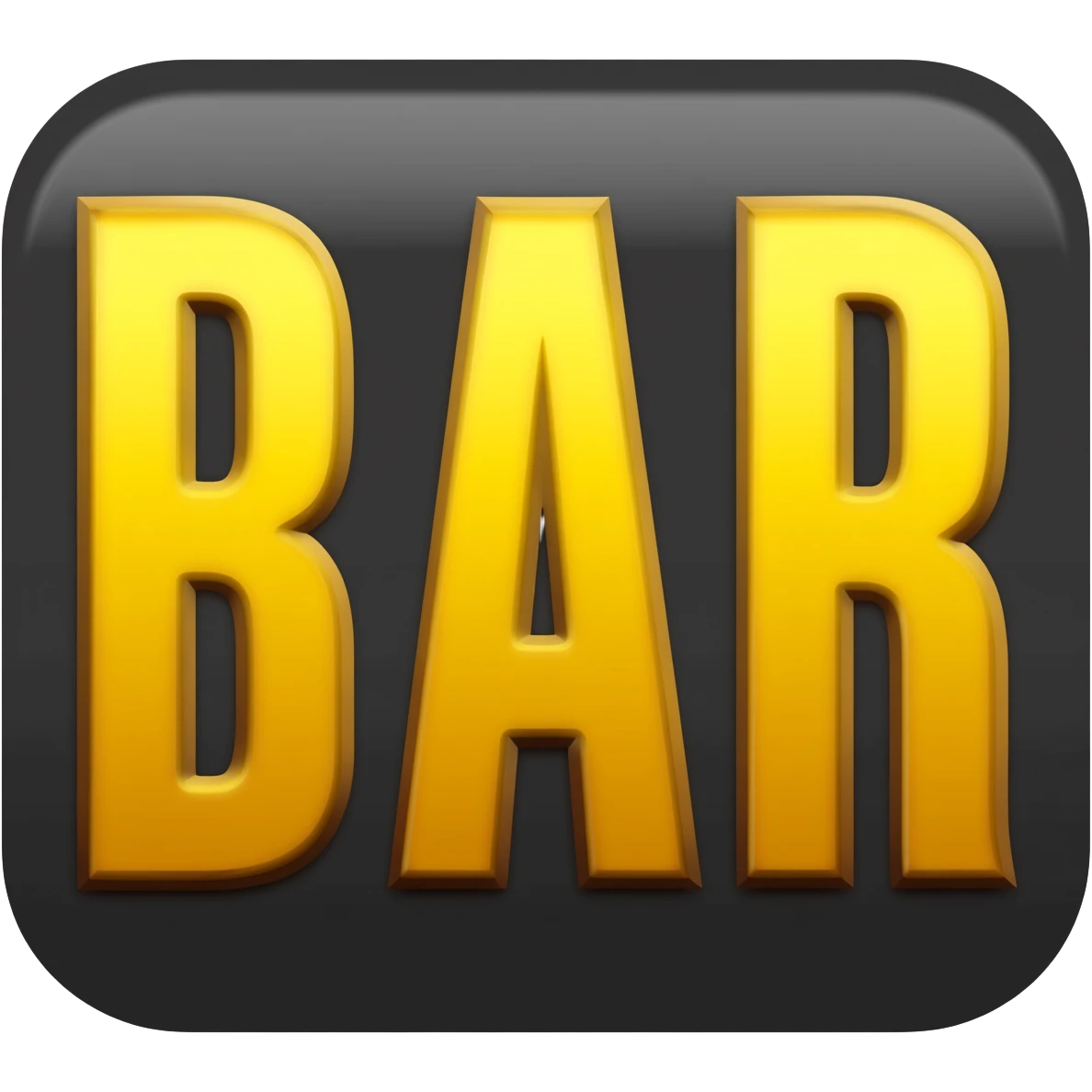 Slot machine symbol with the word ‘BAR’ in bold golden-yellow letters inside a dark rounded rectangle, emoji-style. emoji