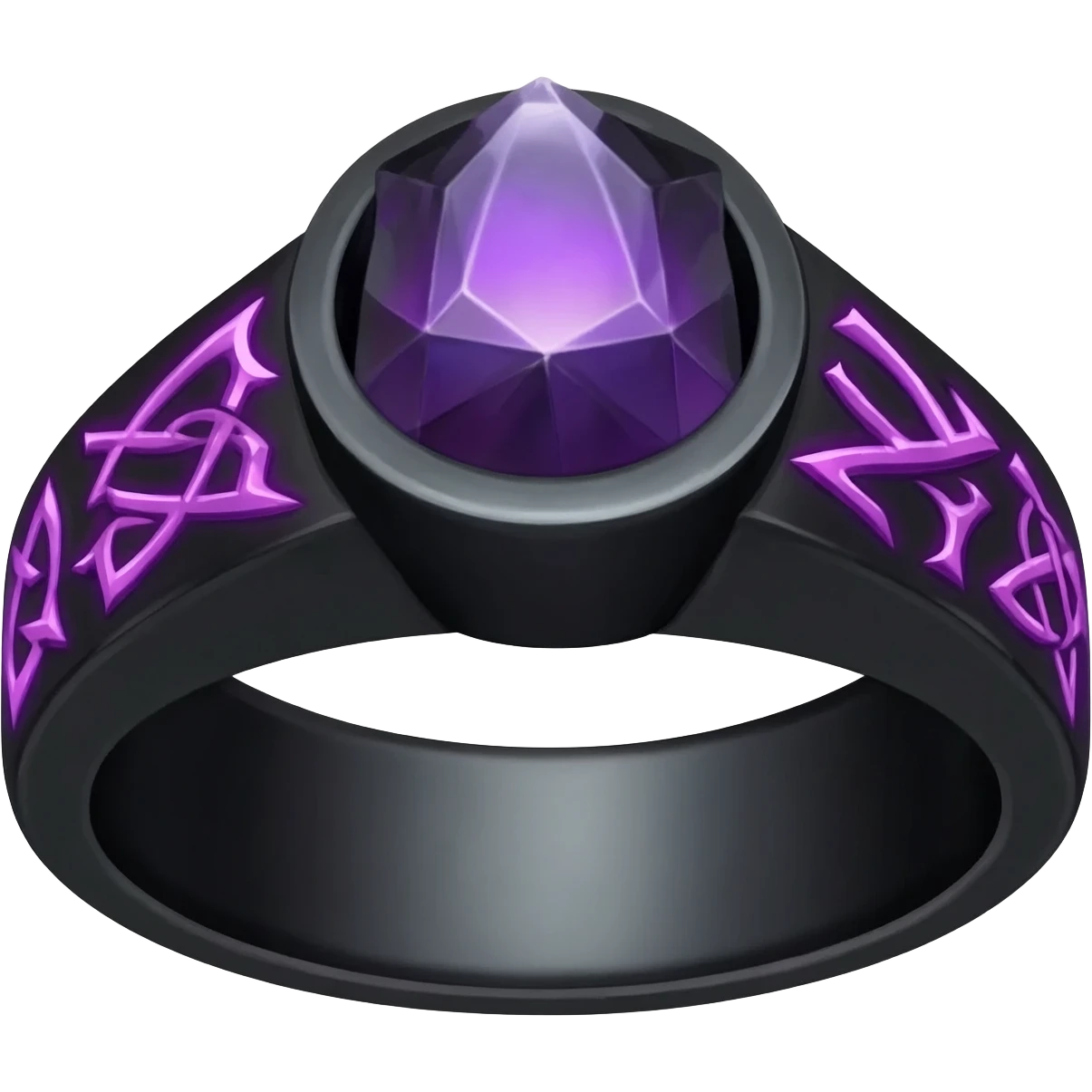 A Obsidian ring, With a glowing dark magical crystal in the center, with intricate pagan runes carved into the sides that glow purple emoji
