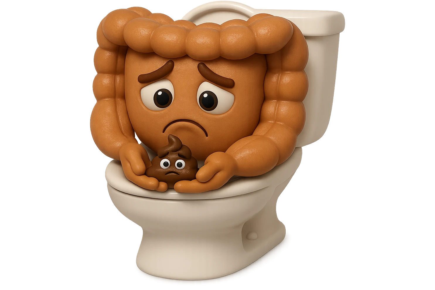 emoji stile iphone di un intestino realistico 3d che esce dal wc con in mano una montagnetta di feci con espressione triste a palline, iperrealistico 4k emoji