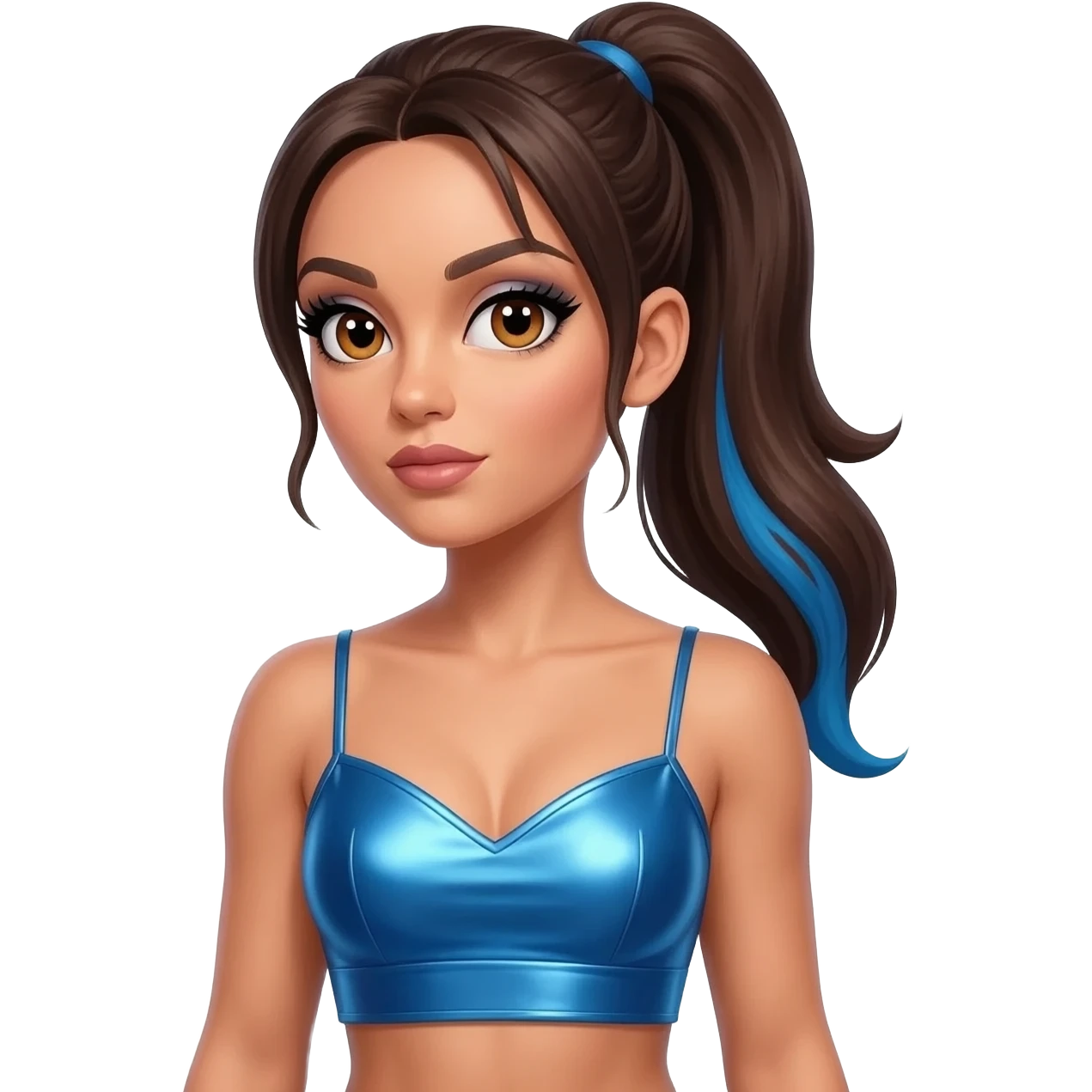 Sporty Spice from Spice Girls with hazel eyes, long dark brown ponytail hair with blue highlights, blue metallic sweetheart crop top emoji