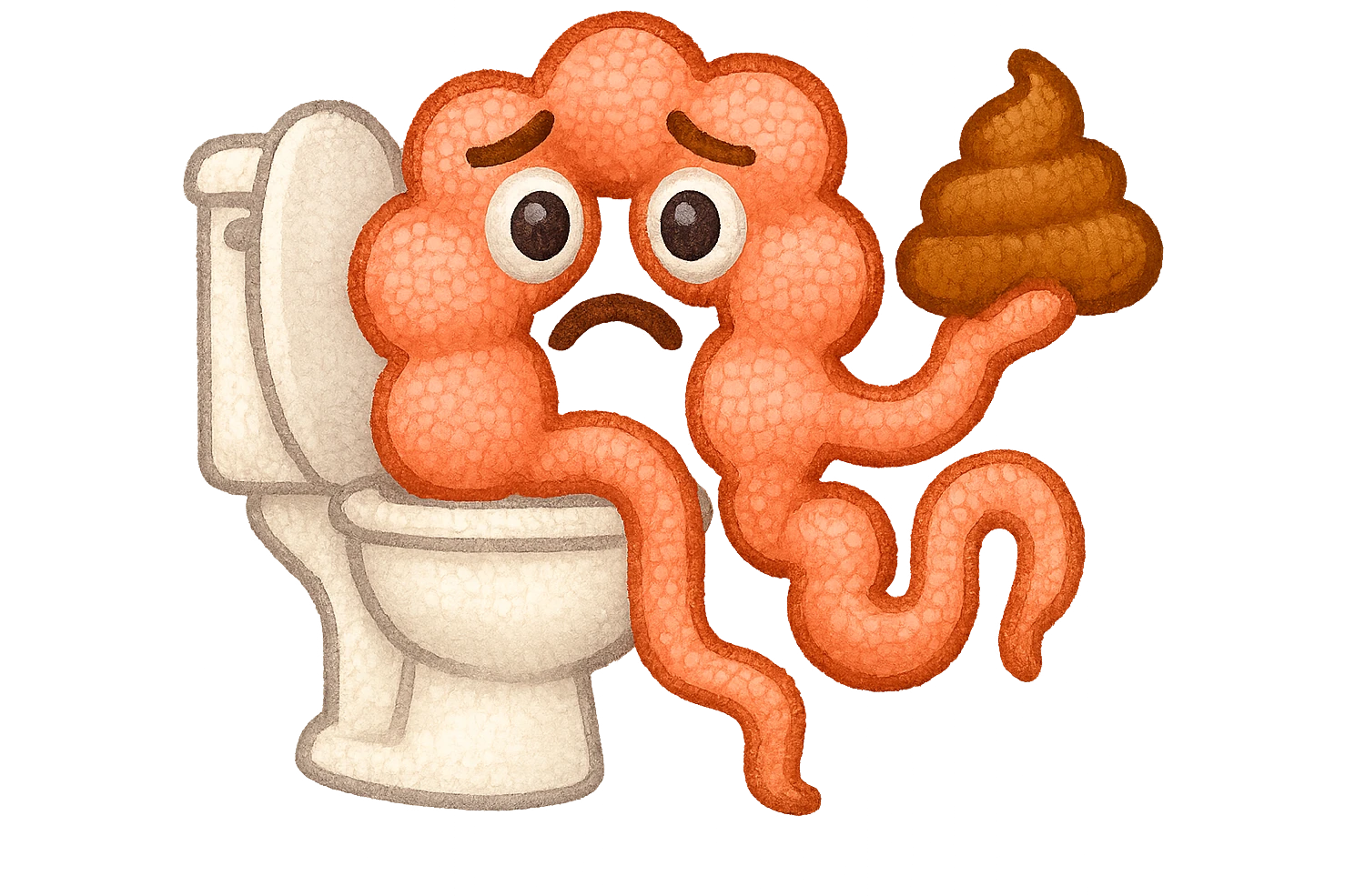 emoji stile iphone di un intestino che esce dal wc con in mano una montagnetta di feci con espressione triste a palline emoji