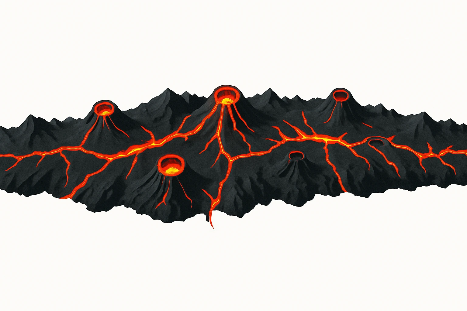Top-down orthographic view (strictly from above) of a volcanic mountain belt strip designed as a map overlay. A long curved ridge line made of dark rocky mountains, with several small volcano cones along the strip. Bright red-orange lava cracks and glowing magma seams running through the ridge, symbolizing a tectonic plate boundary and magma being pushed upward. Clean infographic style, sharp silhouette, high contrast, minimal details, no perspective, no depth tilt, no horizon. Isolated single object centered on a pure white background (#FFFFFF). No text, no labels, no watermark. 4K, wide horizontal banner composition. emoji