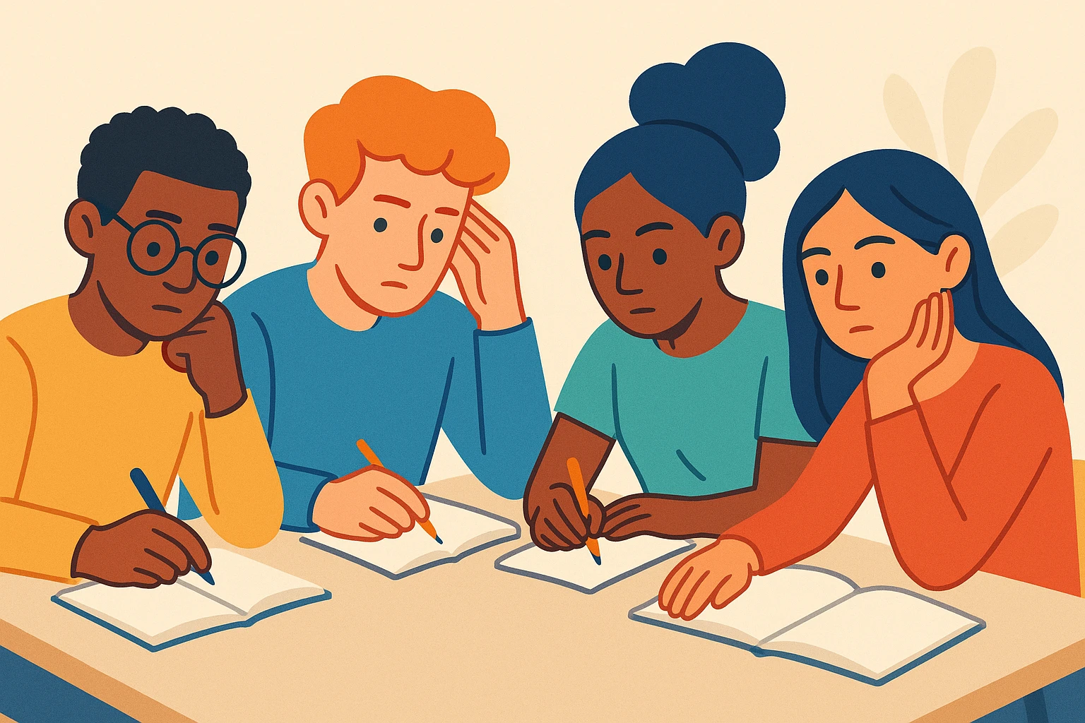four diverse students working together, deep in thought, studious atmosphere, sitting at a table with notebooks, modern illustration style, soft colors, simple background emoji
