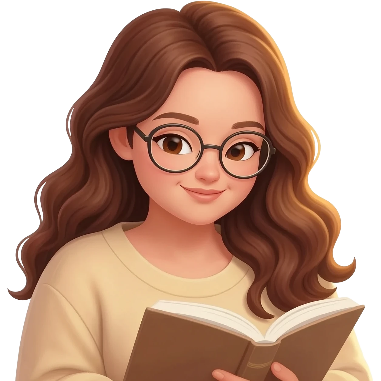 detailed emoji illustration of a curvy woman with long chestnut brown wavy hair, light brown eyes and round glasses, sitting comfortably and reading a book, warm sunlight, peaceful atmosphere, emoji style emoji