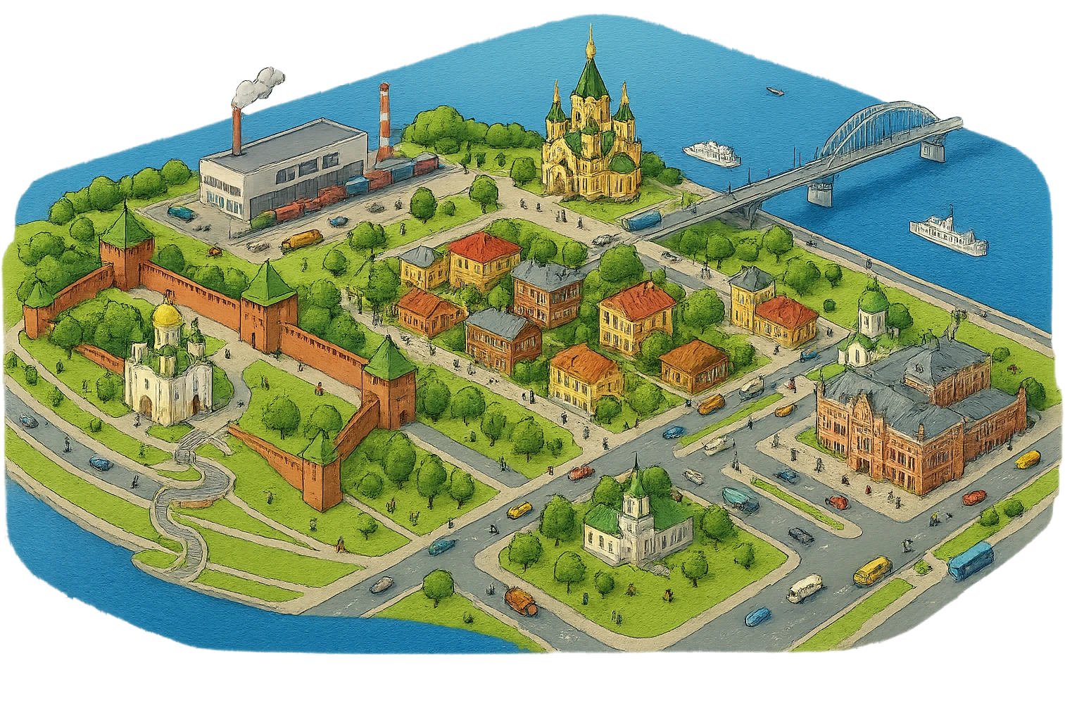 Изометричная миниатюрная фотореалистичная 3D модель панорамы Нижнего Новгорода - Нижегородский Кремль, Стрелка между Окой и Волгой, ГАЗ, Чкаловская лестница, Борский Мост через Волгу, Нижегородская ярмарка, нижегородские дома, автотранспорт четкие линии, яркие цвета, мультяшный реализм, люди, автотранспорт, компактная композиция, вид сверху в изометрии, прозрачный фон emoji