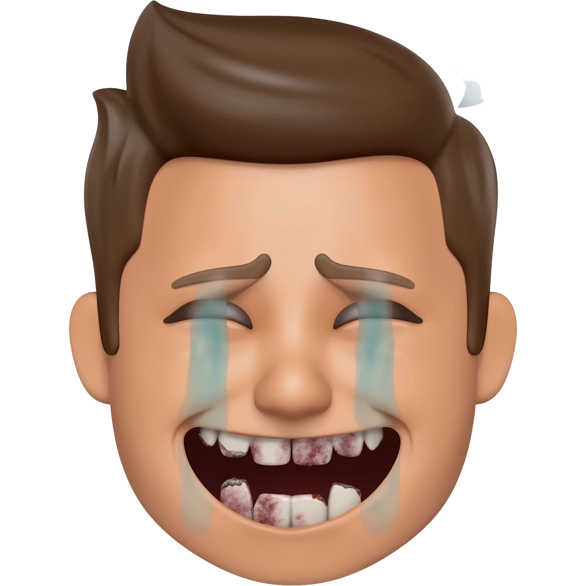 Crying laughing face with rotten teeth with a text bubble beside it saying kywaa / pablo and it is super realistic emoji