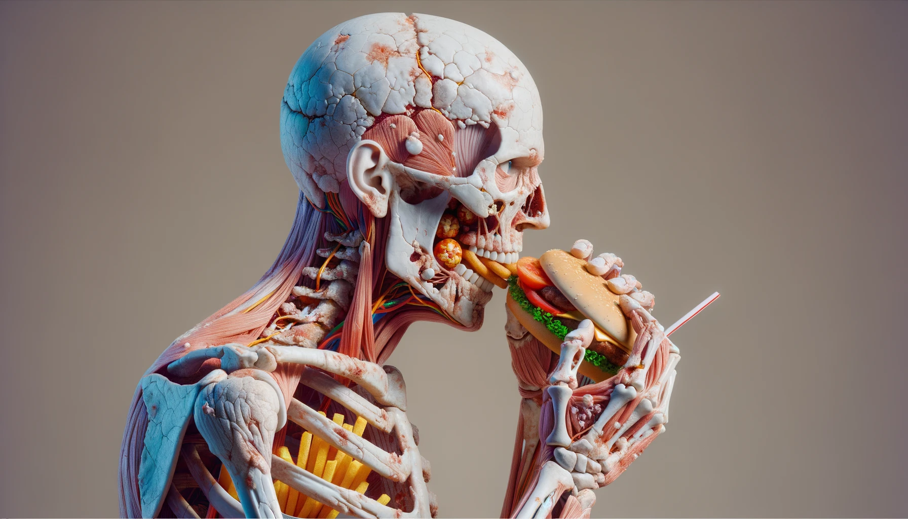 CORPO UMANO ANATOMICO CHE MANGIA FAST FOOD E STA MALE, SFONDO NEUTRO CHIARO, IPERREALISTICO 4K emoji