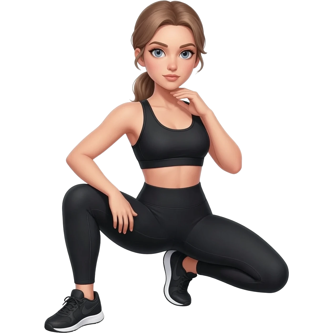 hand on neck, shoulder release pose, fair-skinned woman, gray-blue eyes, ash brown brows, ash light brown hair tied back, slim athletic body, black workout set, black sneakers with white soles emoji