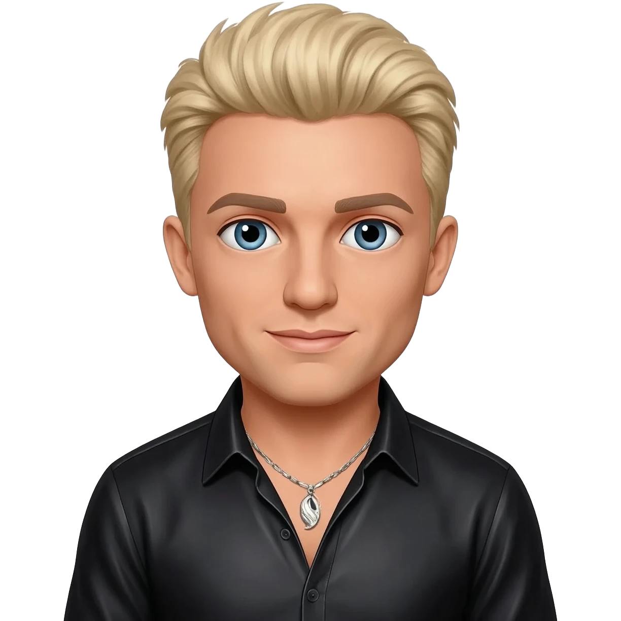 Nicky Byrne from Westlife with blue eyes, blonde hair, black metallic shirt, silver necklace emoji