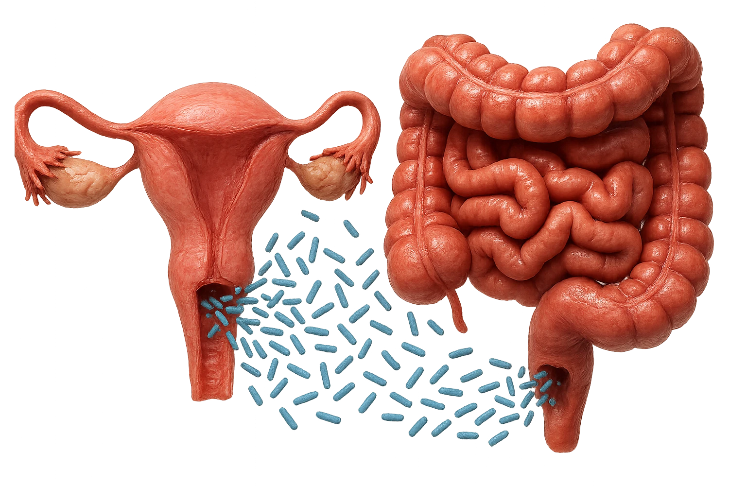 UTERO UMANO E INTESTINO ANATOMICI REALISTICI SONO UNO ACCANTO ALL'ALTRO E SI PASSANO I BATTERI A VICENDA, CON BATTERI CHE ESCONO DALL'INTERNO, IPERREALISTICO 4K, NON DISEGNATO emoji