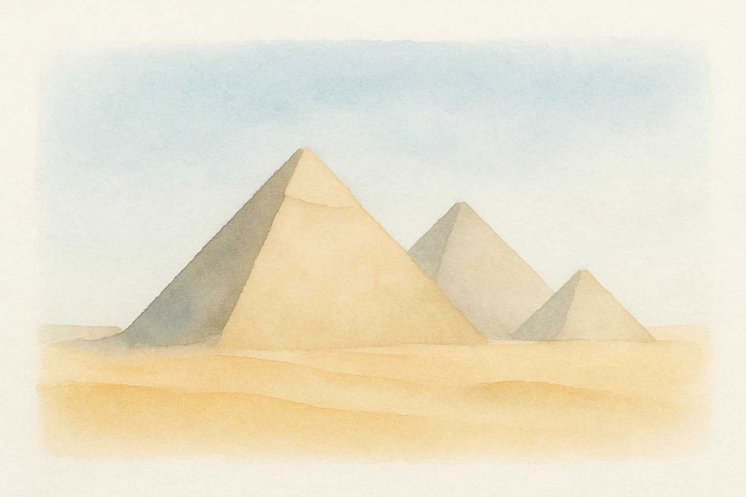 the Pyramids of Giza, watercolor illustration, soft edges, blue sky, golden sand emoji