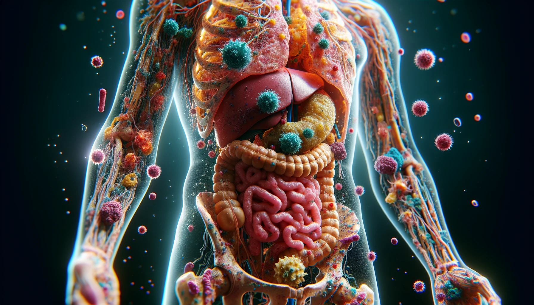 corpo umano anatomico che accumula tossine e virus e malattie nel corpo , iperrealistico 4k emoji