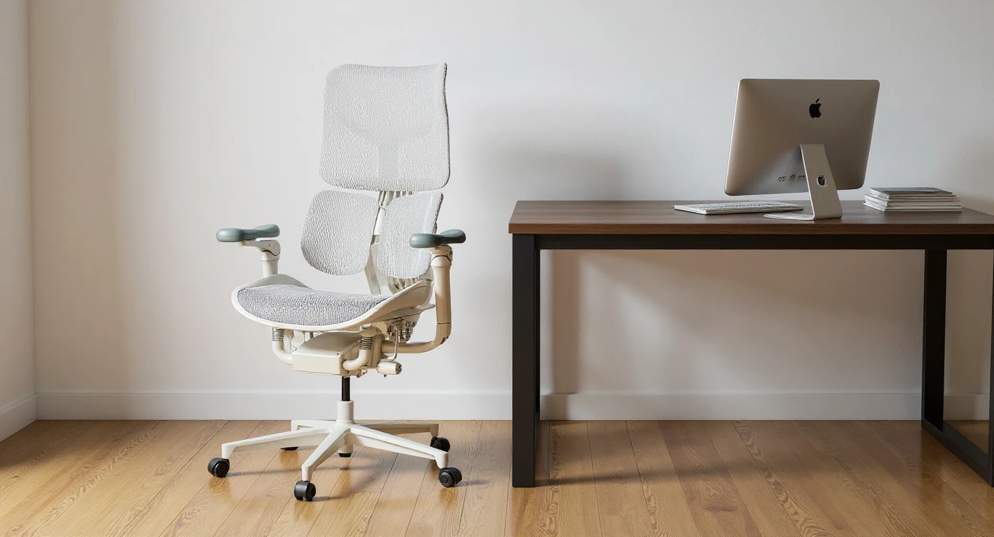 Editorial shot, Make this chair next to desk with mac setup, wooden modern floor, minimalistic room, contrast chair to wall, chair standing front to camera emoji