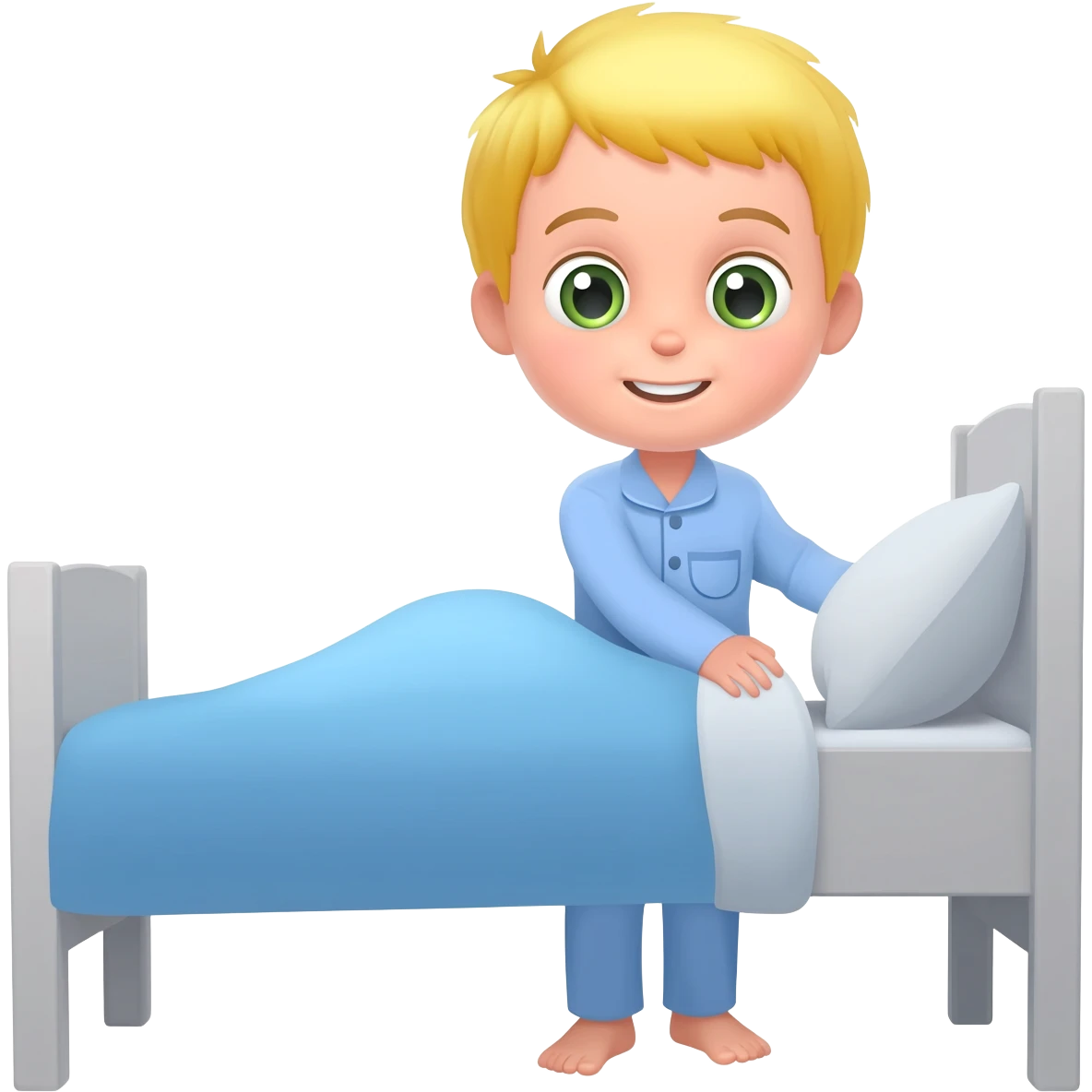 Use the same 3 year old blonde boy with green-blueish eyes as before  happy with plain blue pajamas making his bed emoji