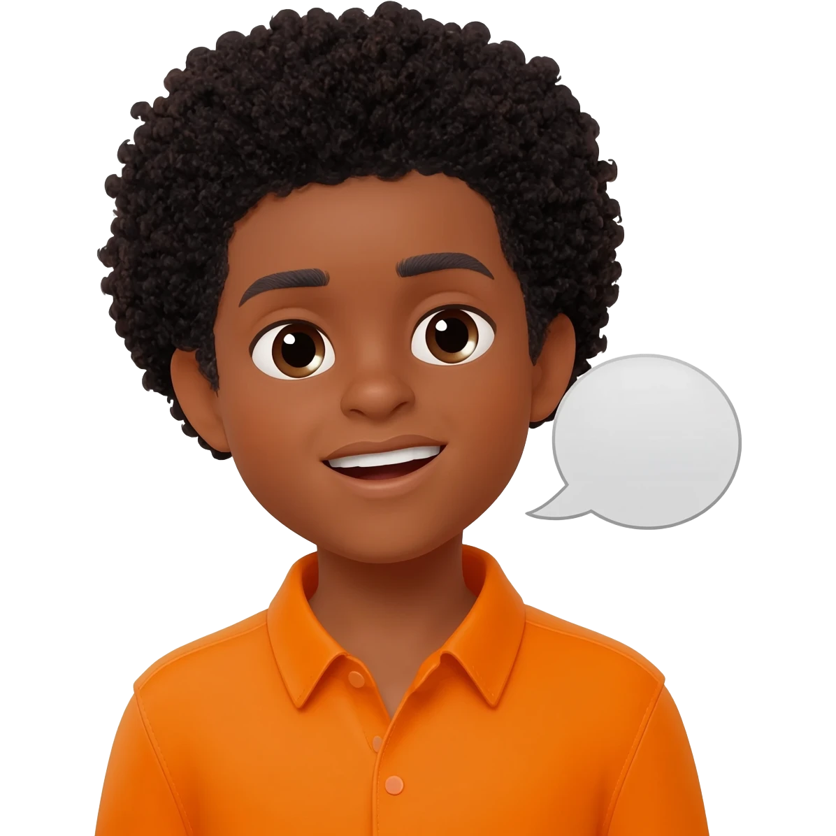 black boy curly hair orange shirt talk bubble emoji