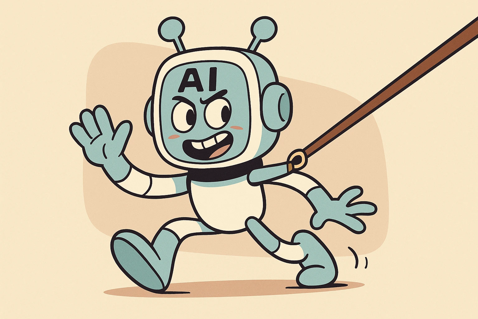 playful AI agent character on a leash, stylized, simple background emoji
