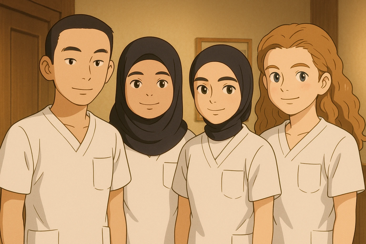 Variante 2 : Quatre étudiants infirmiers côte à côte, ambiance chaleureuse, en intérieur, style Ghibli, tenues uniformes blanches à manches courtes sans col, sans sous-pull ni stéthoscopes. Hauts de type tunique médicale, col en V, poche poitrine côté gauche. Visages et attitudes inspirés des quatre photos jointes, composition différente. emoji