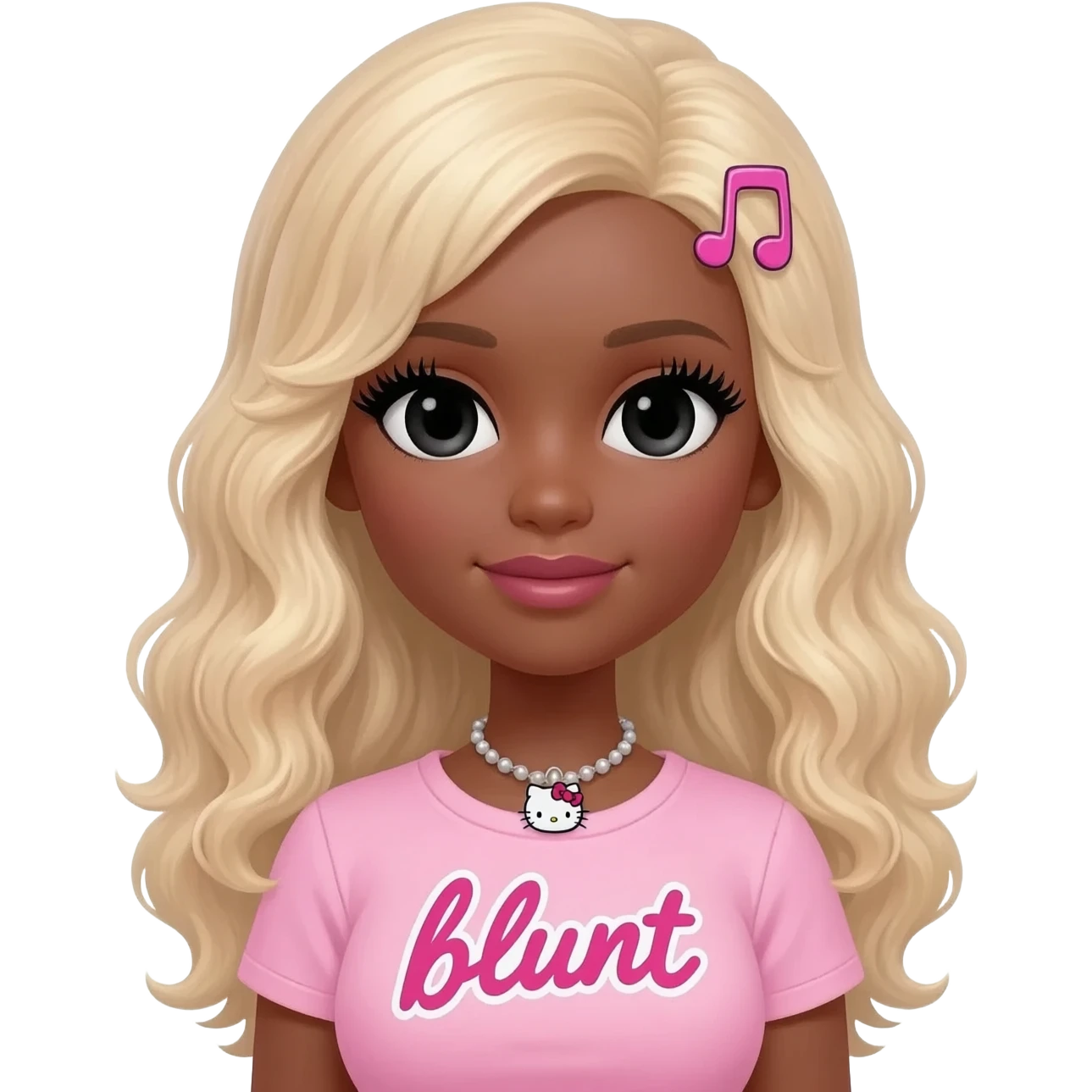 Long giant lashes, my melody hairclip, Doll faced shaped, hello kitty necklace, bimbo, black doll eyes, barbie, dark brown skin with long curly blonde hair, light pink bimbo shirt says "blunt" , big breast emoji