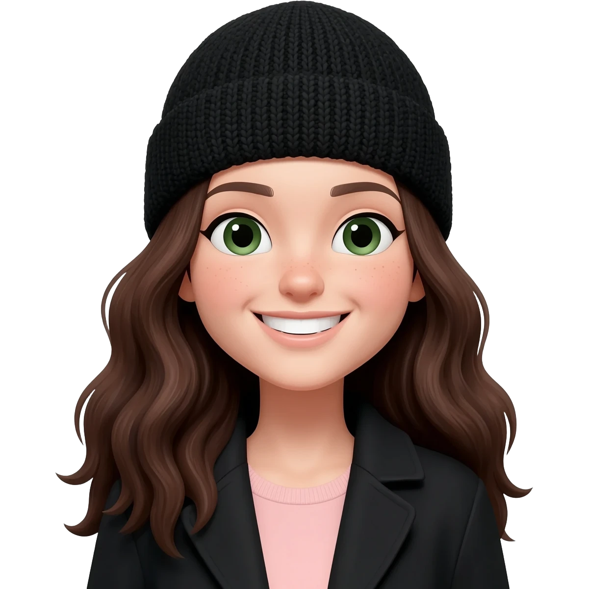 Create an emoji illustration of a smiling young woman with long, wavy dark brown hair and fair skin. Her face shape is oval and slightly round. She is wearing a black knit beanie and a black coat over a soft light pink top. She has dark green eyes and a wide natural smile. emoji