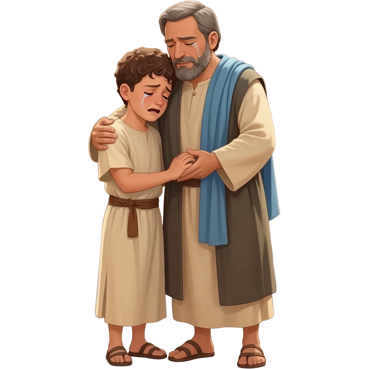 нарисуй как отец обнимет с любовью и слезами  сына возростом 20-24  года ,  времена древнего иерусалима emoji