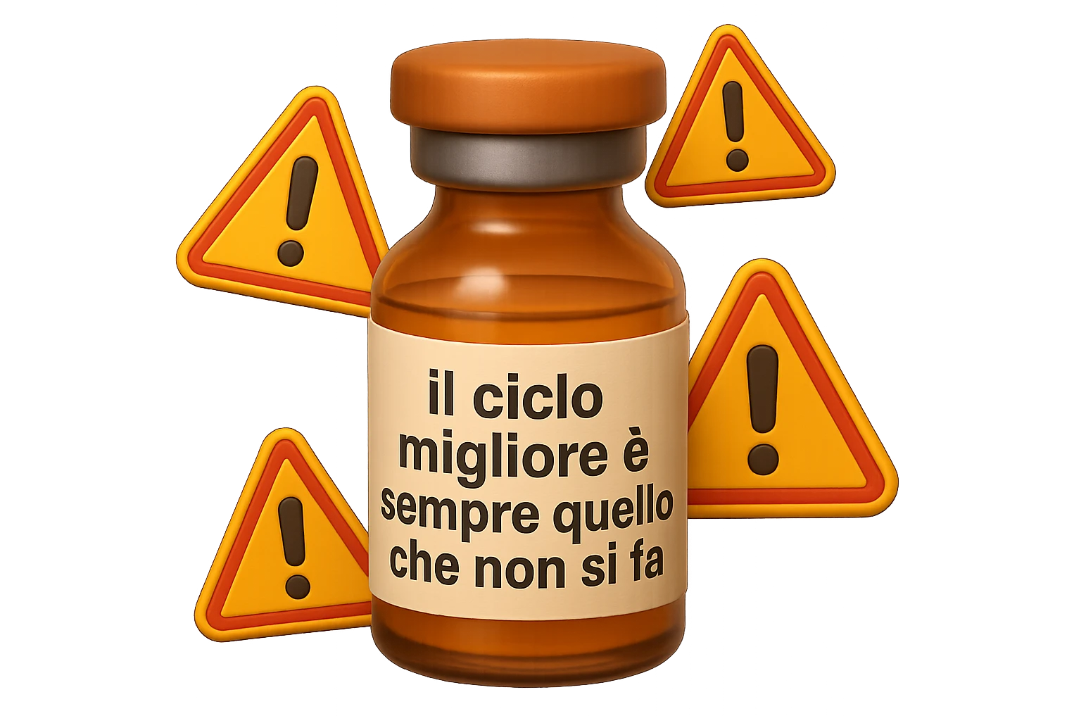 SU QUESTO STILE FAI UN EMOJI STILE IPHONE 3D DI UNa boccetta di fiala medica attorno alla quale fluttuano segnali di pericolo, sull'etichetta della boccetta c'è scritto "il ciclo migliore è sempre quello che non si fa", FALLO MOLTO REALISTICO IN 3D emoji