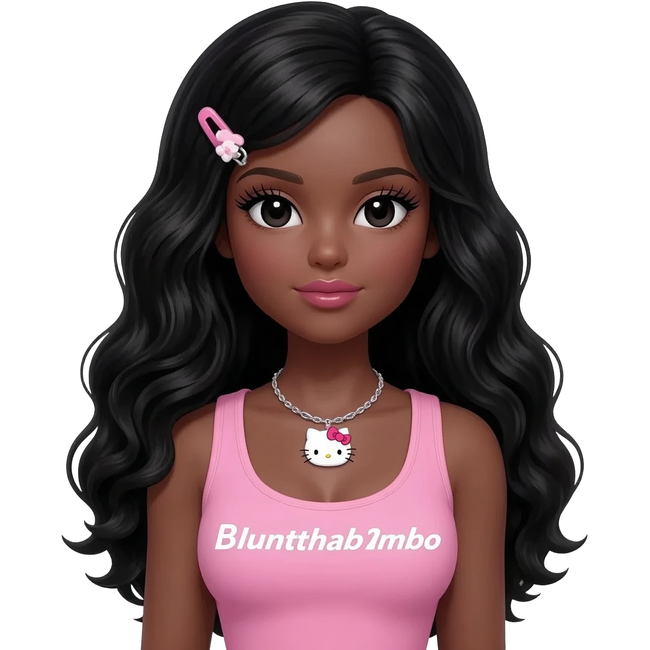 Long giant lashes, my melody hairclip, Doll faced shaped, hello kitty necklace, bimbo, black doll eyes, barbie, dark brown skin with long curls black hair, light pink bimbo sleeveless shirt says "bluntthab1mbo", big breast emoji