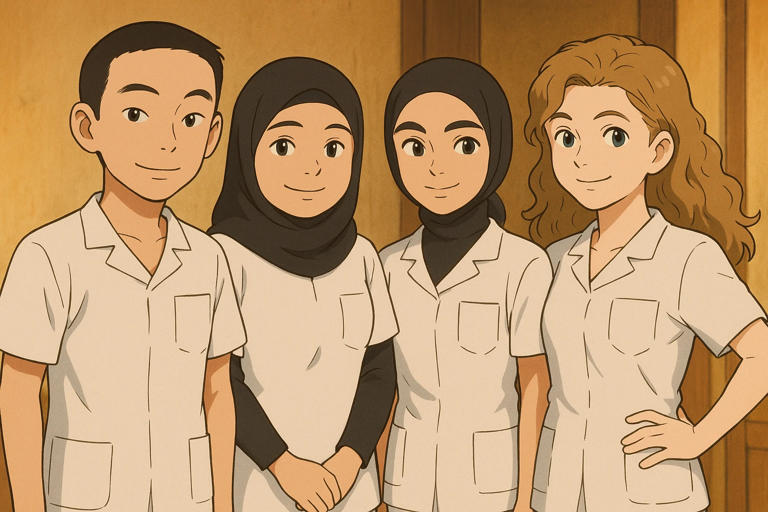 Group of four nursing students in white medical tunics with short sleeves, V-neck collars, and left chest pockets, in a warm indoor environment. No stethoscopes or undershirts. Friendly expressions and different postures, Ghibli style. emoji
