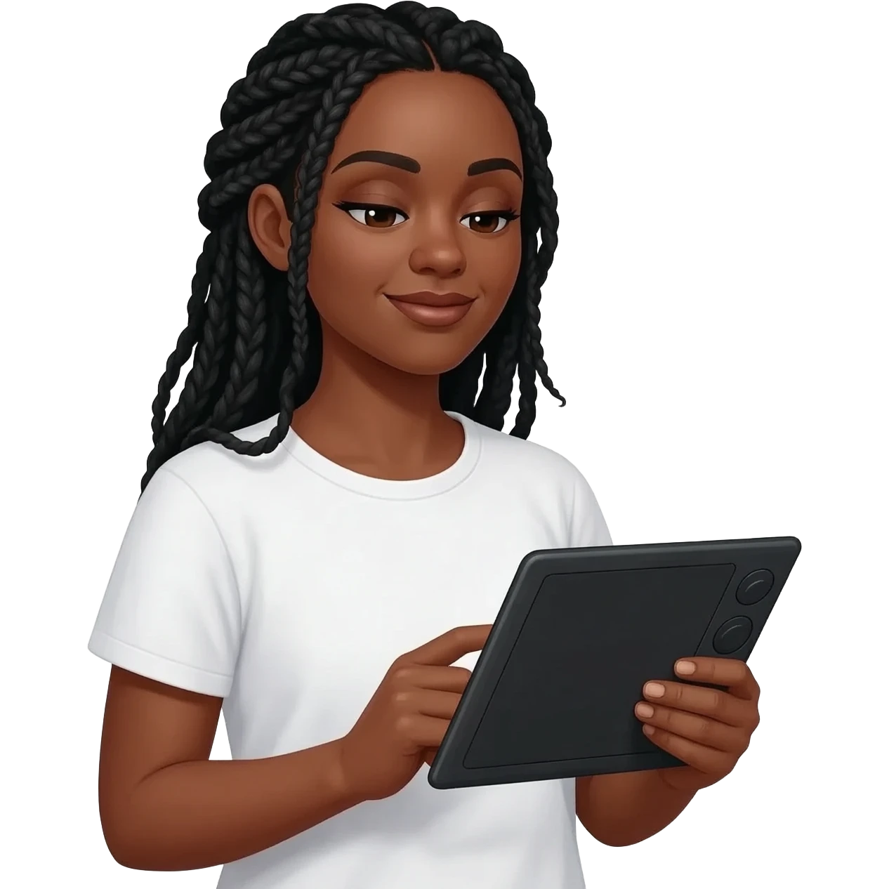 Emoji représentant une femme à la peau marron avec de longues braids noires regardant la tablette graphique dans ses mains emoji