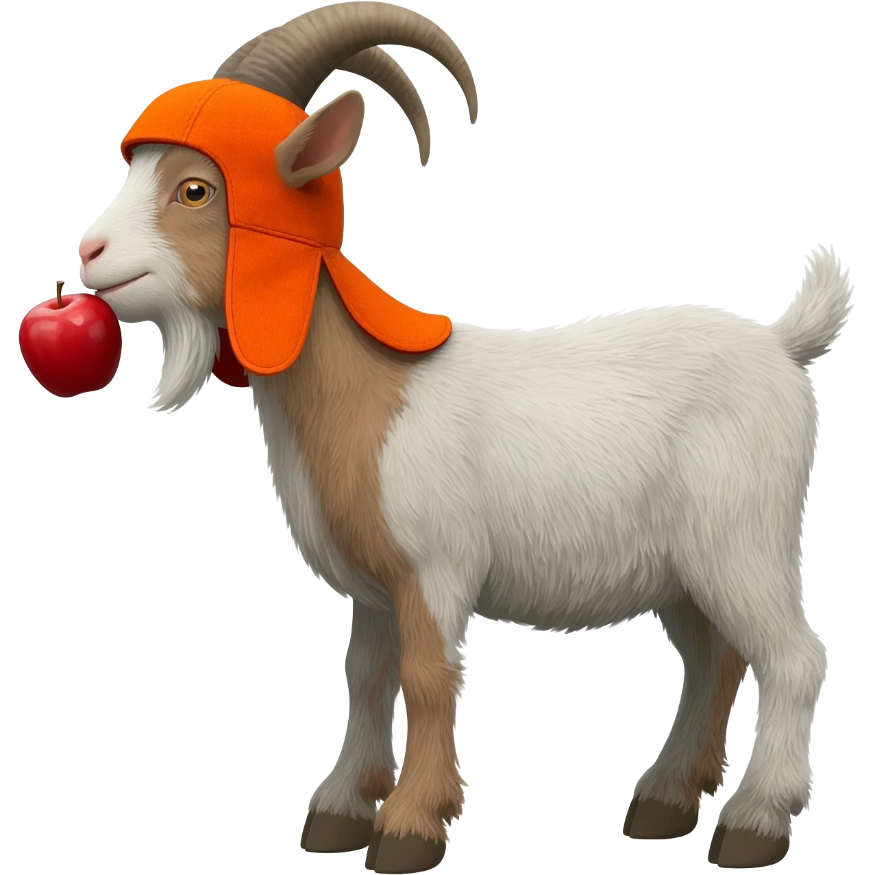 A goat wearing bobcat equipment hat eating an apple. emoji