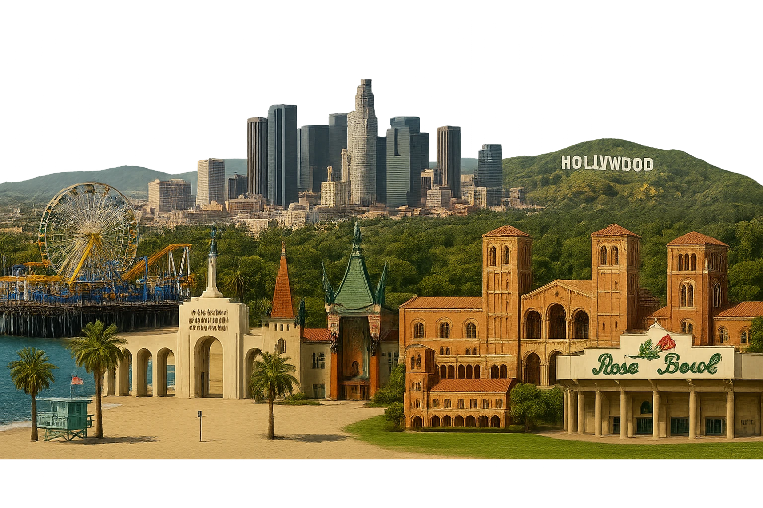 cinematic, realistic emoji of Los Angeles, featuring a wide city view with the Santa Monica Pier and beach, the iconic downtown LA skyline, the landmark arches of the Los Angeles Memorial Coliseum, the famous Chinese Theater, the Hollywood Sign, the iconic Royce Hall at UCLA, the landmark Bovard Administration Building at USC, and the Rose Bowl Stadium with its iconic neon sign, with lifelike architectural detail, accurate colors, bright daytime lighting, fully transparent background, no sky, no clouds, no city name label emoji