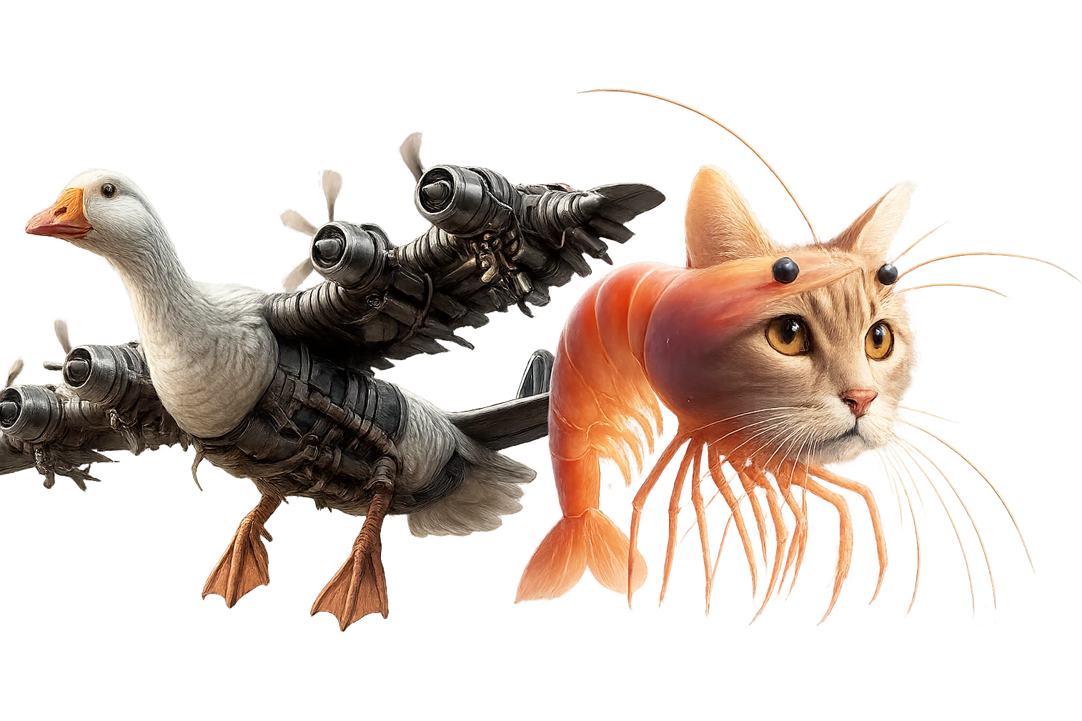Combine both creatures from the provided images into one image, side by side, keeping their original colors, details, and realistic style unchanged, with a transparent background. emoji