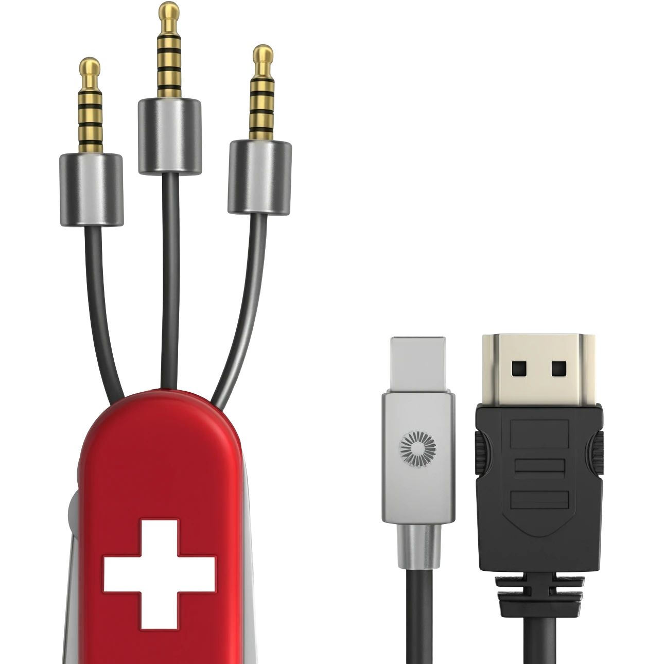 swiss army knife with 3.5mm audio cables and hdmi cables instead of knife blades emoji