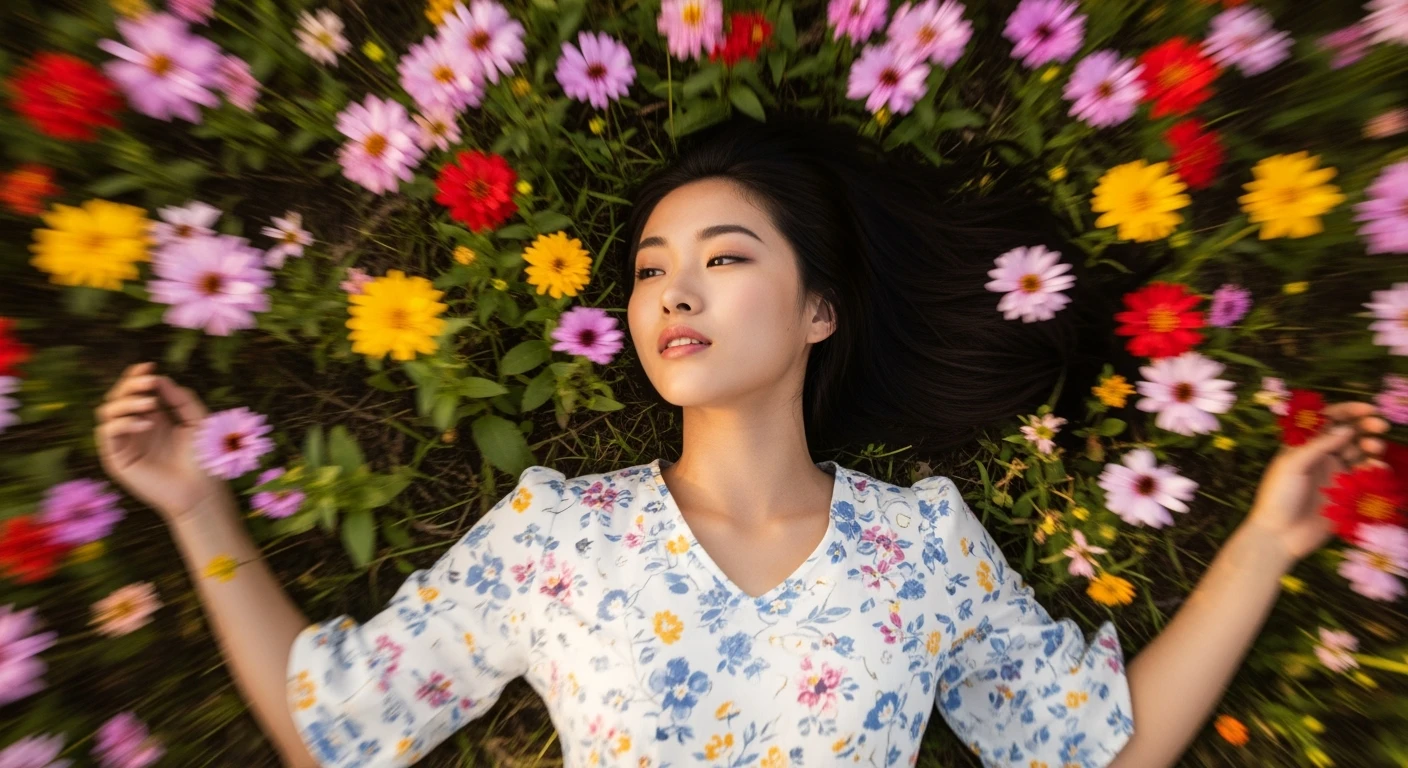 Camera drom top, Motion blur Extreme Closeup photo of a beautifull woman lay around beautifull colorfull flowers, cinematic light, 8K, very detailed, sharp, depth (foreground, midground, background) emoji