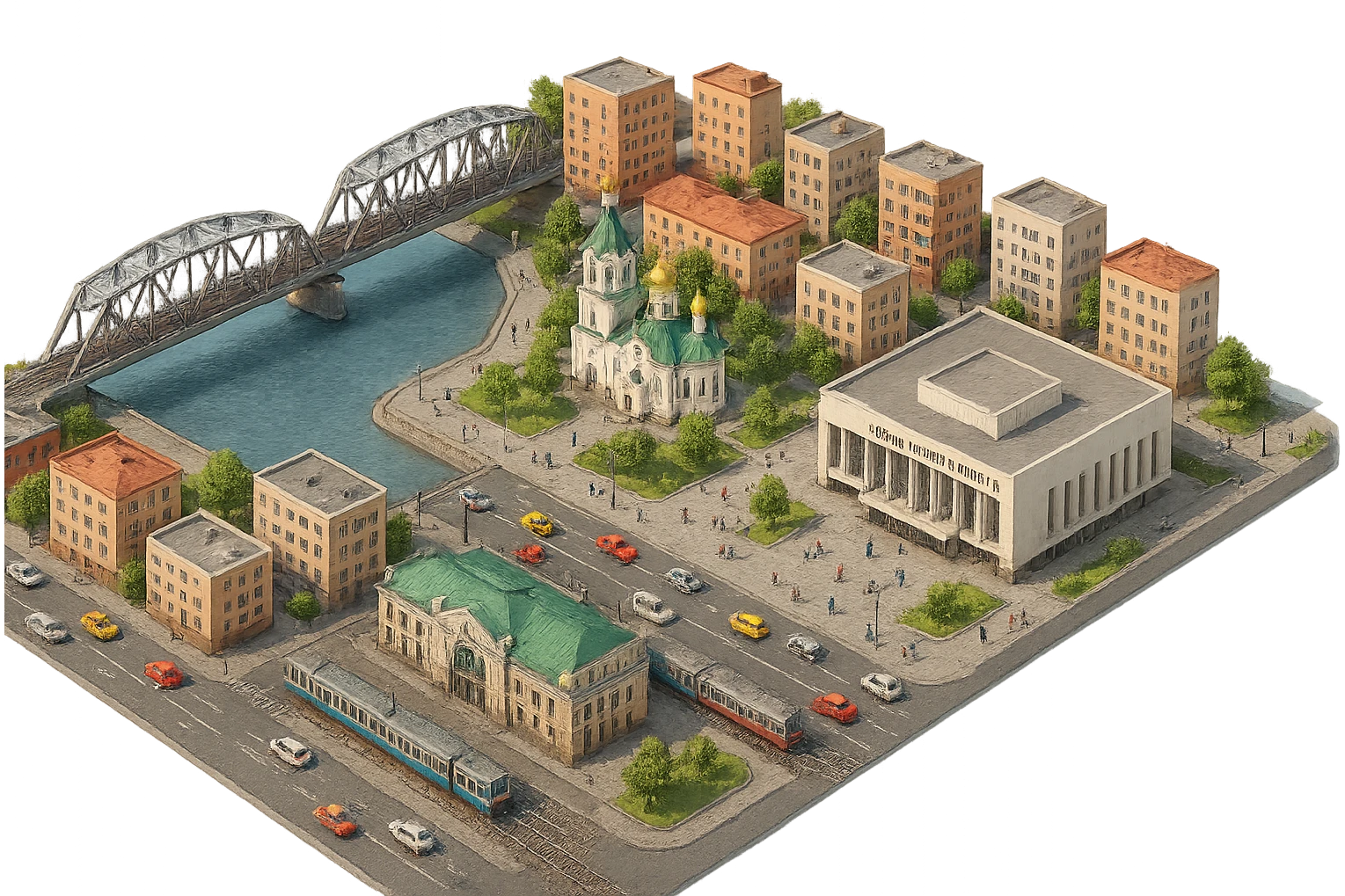 Изометричная чёткая миниатюрная фотореалистичная 3D модель панорамы Красноярска — Стрелка с мостом, Благовещенская церковь, Красноярск-пассажирский, фотореалистичный Красноярский театр оперы и балета, дома, люди, автотранспорт. Вид сверху в изометрии, яркие цвета, прозрачный фон, компактная композиция. emoji