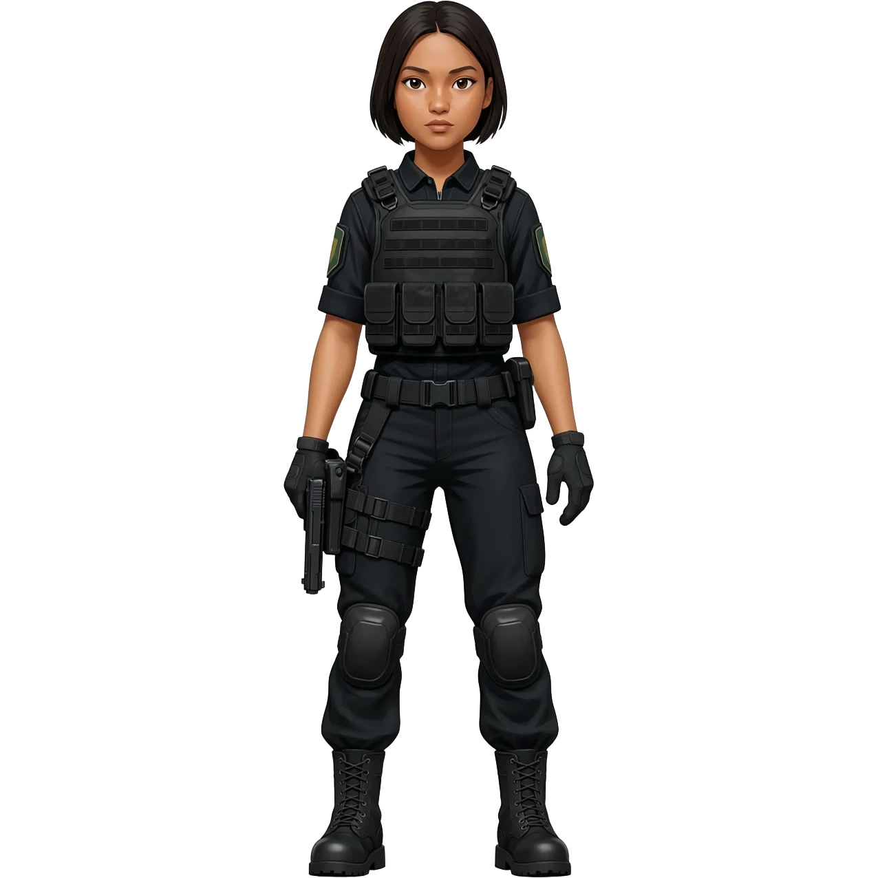 Filipino girl STF SPECIAL TACTICS FORCE OUTFIT BLACK FATIGUE AND COMBAT BOOTS PLATE CARRIER AND HOLSTER emoji