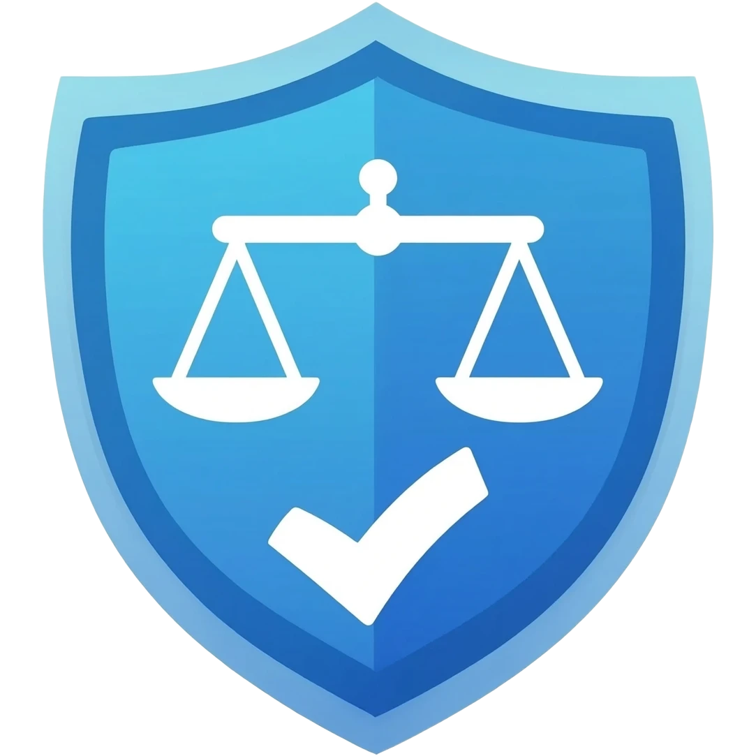 Modern minimalist vector icon for "Prevention", shield and checkmark combined with a scale of justice, symbolizing legal protection and youth awareness, clean geometric lines, flat design, blue gradient, professional UI icon, centered, white background emoji