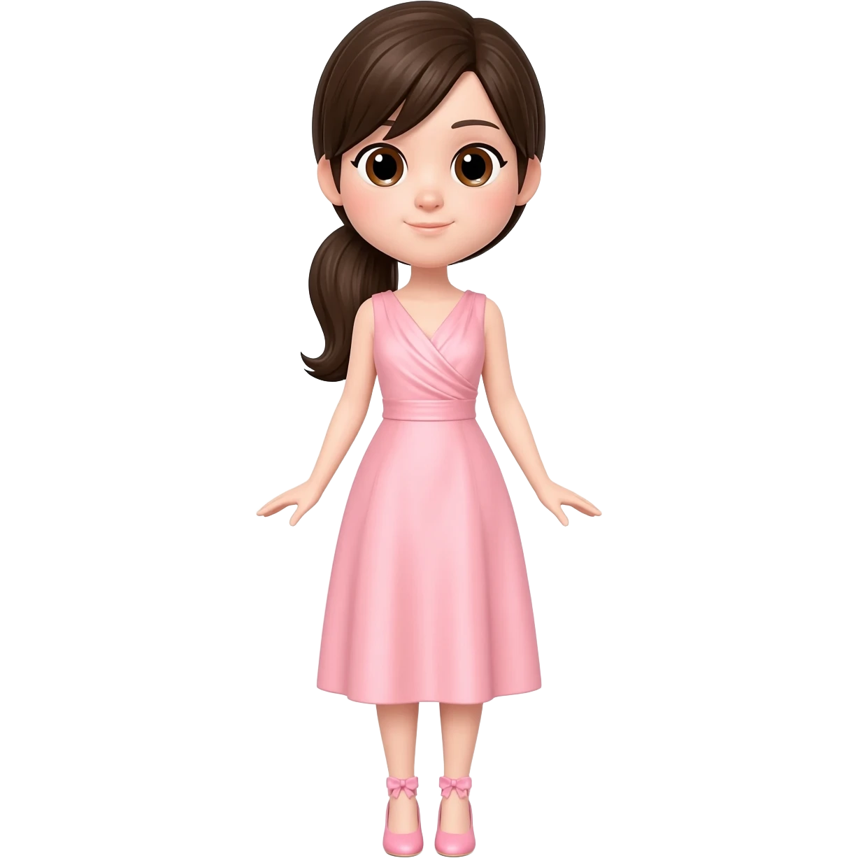iOS emoji style 3D character, cute Asian woman with fair skin, big brown eyes, long dark brown half ponytail hair, wearing an elegant pastel pink dress with a draped neckline and knee-length skirt, pink heels with bow, full body standing pose, glossy Apple memoji style. emoji