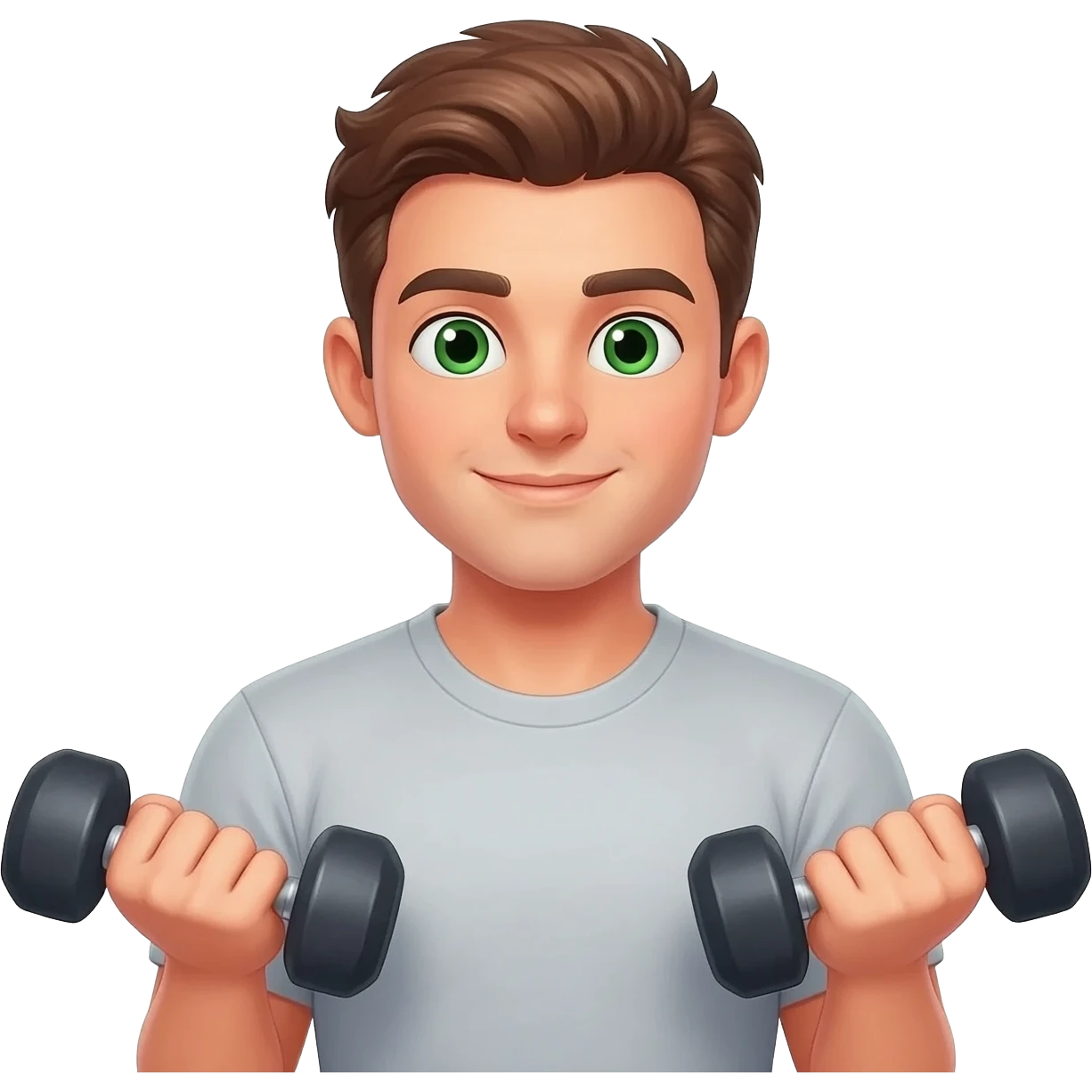 White beautiful fitness man with brown hair and green eyes with dumbbells in their hands emoji