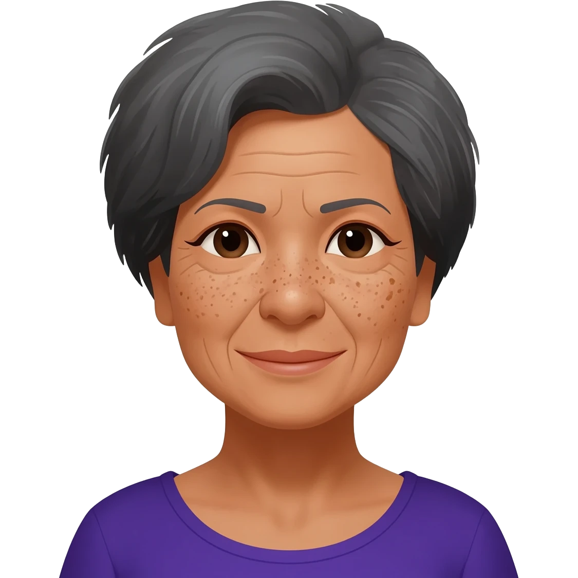 grandma, very short hair, tan, dark grey hair, filipina, freckles all over face emoji