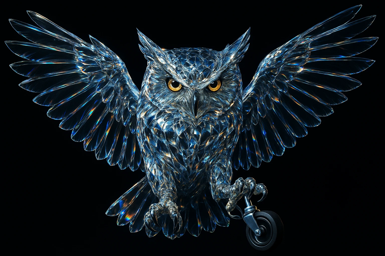 a majestic owl made of transparent diamond-like glass, light refracting through its body, shimmering reflections and refractions, ultra wide wings fully spread as if landing to catch prey, intense and serious facial expression, piercing beautiful eyes, holding a chair wheel in its claws, hard light, strong contrast between light and shadow, cinematic rim lighting highlighting edges, detailed crystalline texture, ultra realistic, high contrast, solid black background, void, nothingness, 8k, sharp focus emoji
