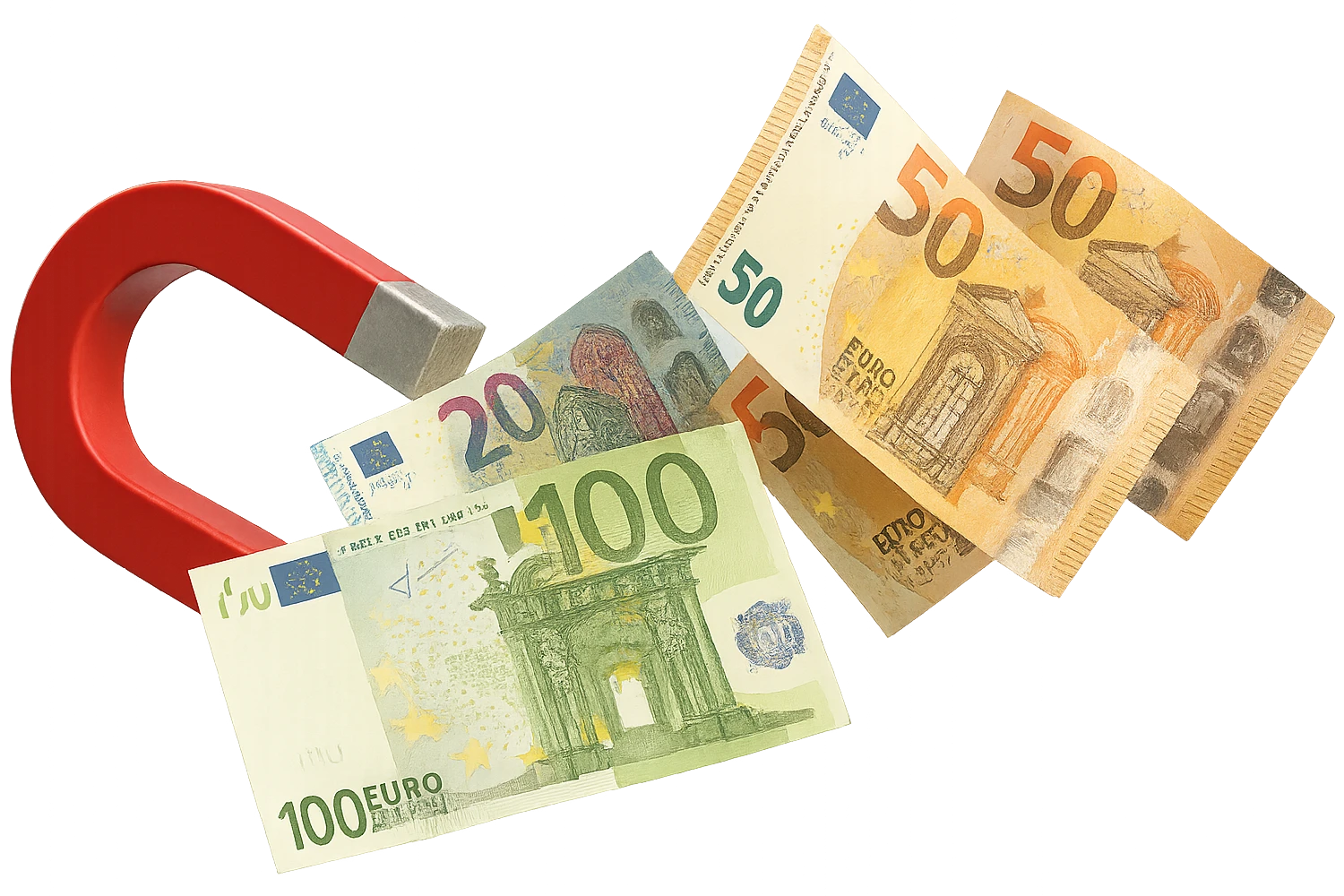 banconote di euro fluttuano vicino ad una calamita rossa, sono attratte, iperrealistico 4k emoji